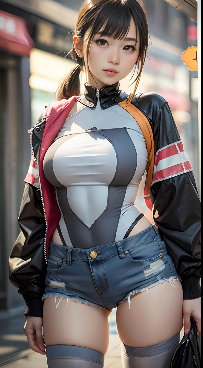 denim short,blackstockings,Mall,(Inspired by the Avengers),pony tails,One-piece unisex trousers,machine girl,Security level,big assa,(8K,photo RAW,Fotorrealista:1,25),(Excessive lip gloss,Very many eyelashes,best qualityer,超高分辨率,depth of fields,color difference,Wide light,natural color,Distant pictures(1:2)