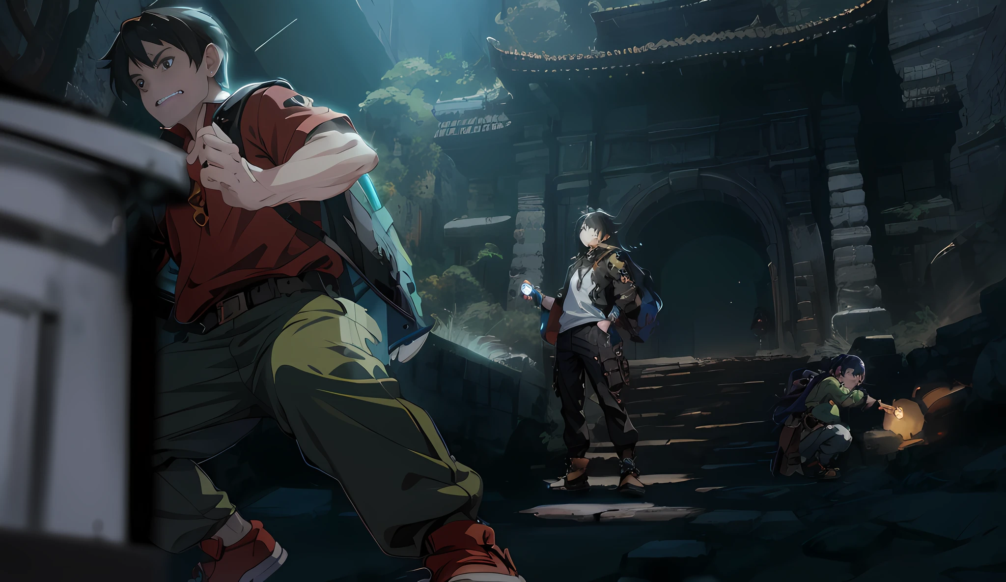 Anime characters in dark alleys,In the background is a building, Kawasi, krenz cushart and wenjun lin, Guviz-style artwork, G Liulian art style, ross tran and bayard wu, Guilty Gear strives to splash art, Guviz, guilty gear strive graphics, Guweiz on ArtStation Pixiv