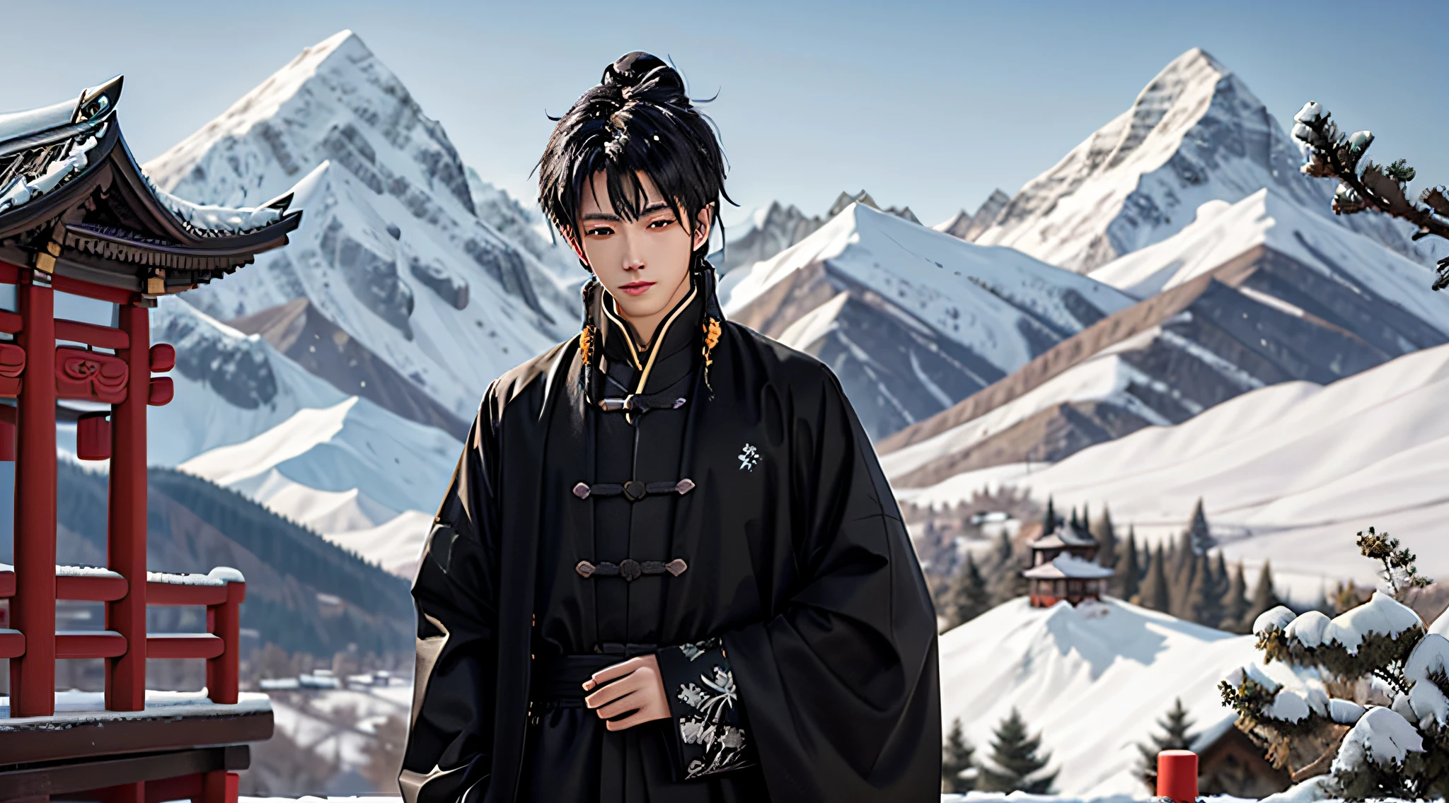 A 20-year-old boy,black color hair,Blackn clothes,In a Chinese-style temple,Snow-capped mountains in the background,suns,the trees