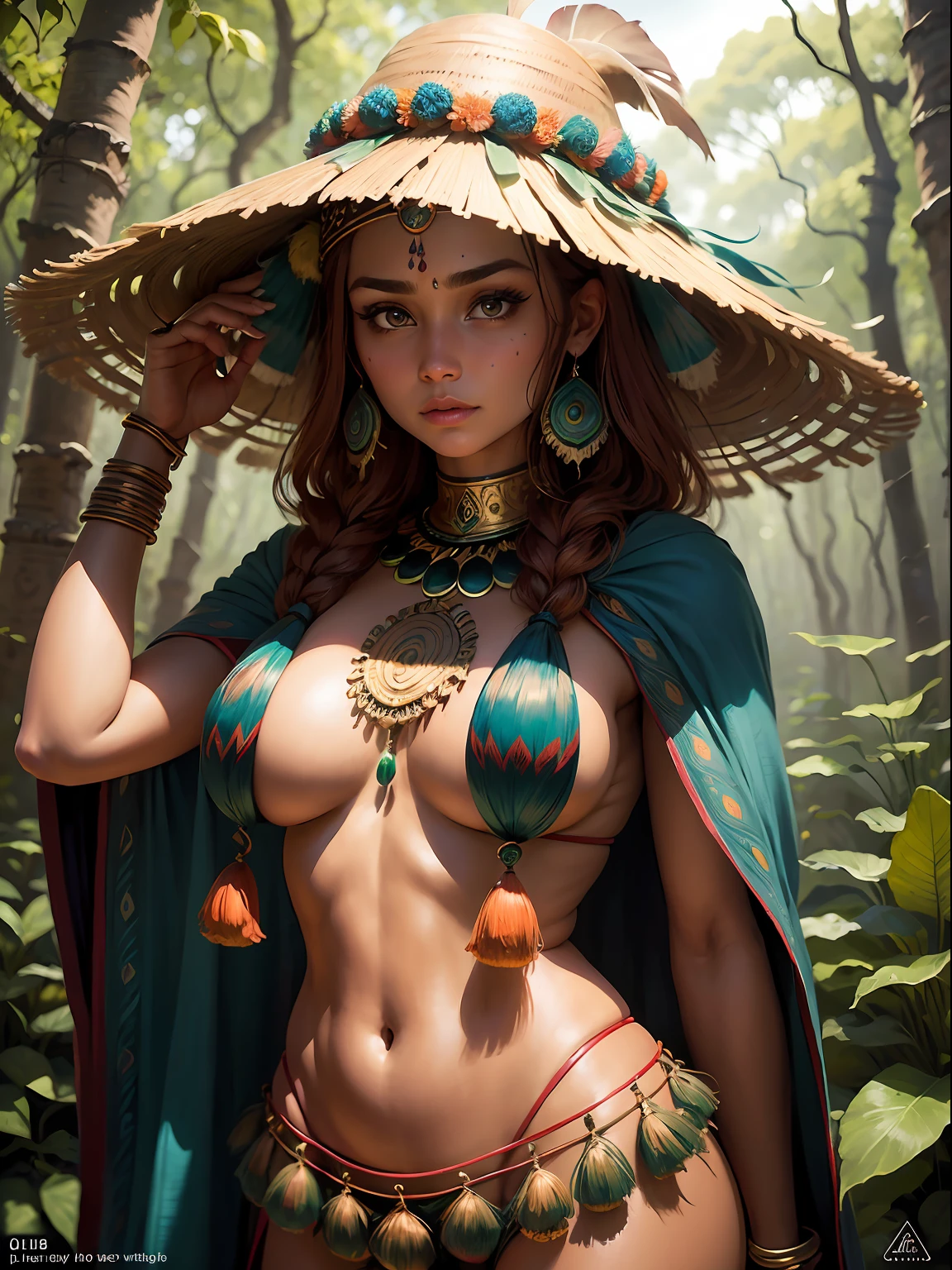 A beautiful Indian woman walking in the forest, cabelos pretos longo e liso com franja reta, pernas grossas e peitos grandes e pontudos, peitos grandes pesados, sensual, semi nua, top, floresta chuvosa, mata fechada, Lugar misterioso, Ancient redheads in the Amazon, molhada, peitos grandes, pele morena, pele escura, bronzeada, tanga de renda, pele suada, india, Indigenous body painting, Headdress on the head with peacock feathers, mini indigenous skirt. Fotografia ultra realista e detalhada, fotografia profissional, F1.8