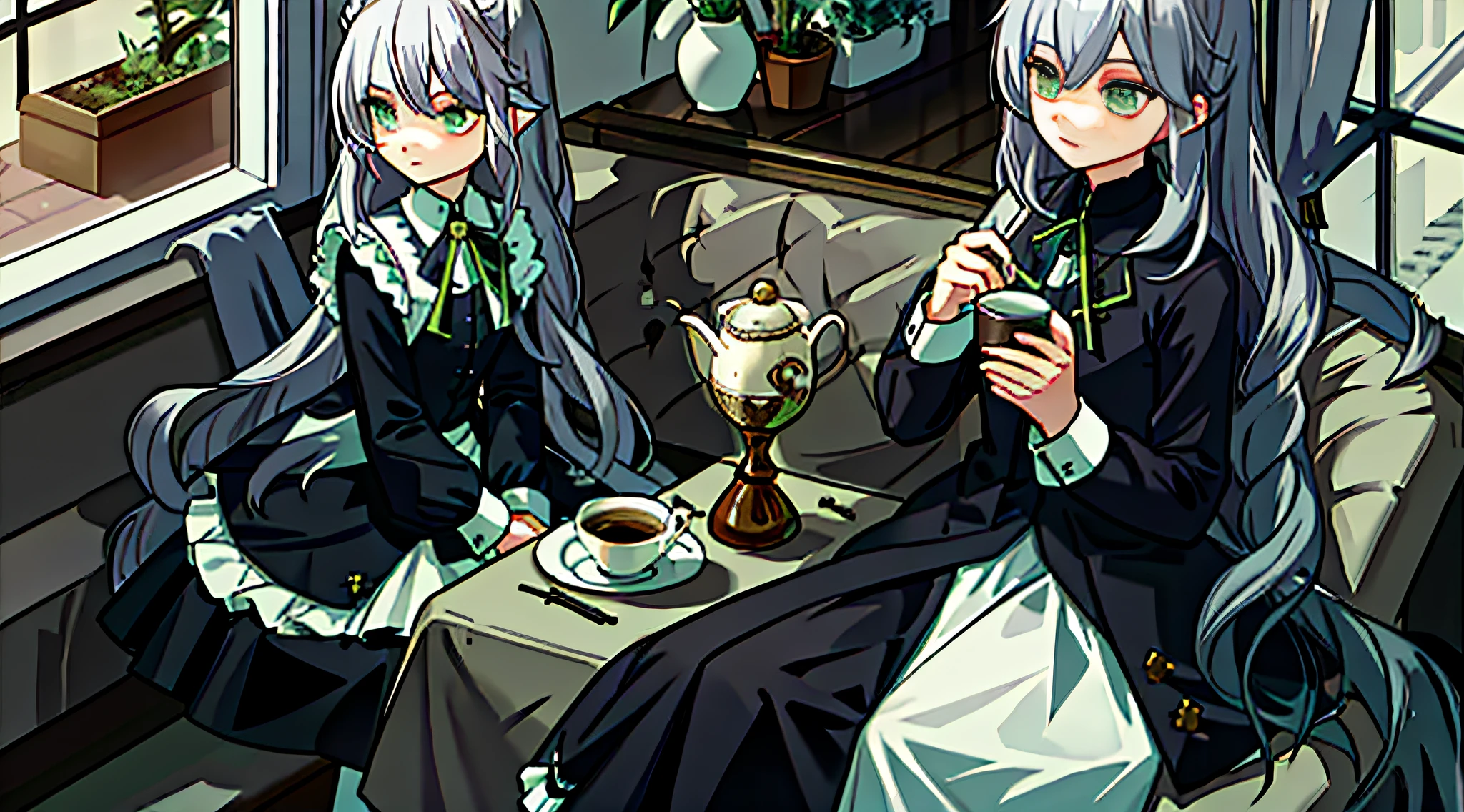 tmasterpiece,best qualtiy,gray-haired girl,cafe shop,lolita fashion,Outfit in black,ribbon,Emerald green eyes,contemplative,holding coffee,smoking pipe,green plant。