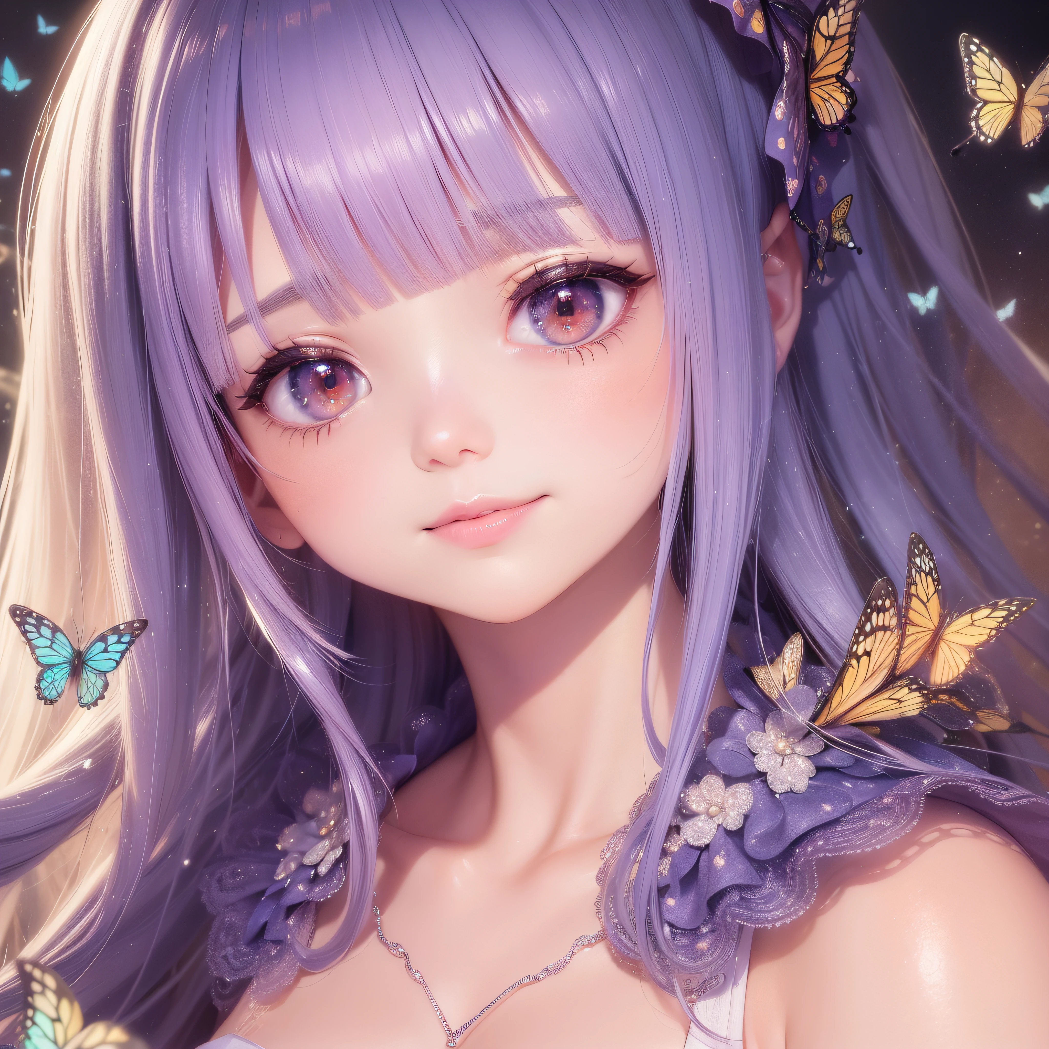 Close up of a smile with the corners of the mouth raised、Close up of a smile with the corners of the mouth raised、Close up of a smile with the corners of the mouth raised、close up of face、close up of face、close up of face、round and clear eyes、Shining eyes、Shining eyes、Beautiful 22 year old woman、dreamlikeart、Highly detailed airbrush art(((Surreal))、intricate detailes、Volumetric lighting、(​masterpiece:1.2)、(top-quality)、（The ultra-detailliert)、(The composition of the movement:1.4)、Highly detailed colorful details、(Irridescent color:1.2)、(Bright lighting)、dream-like、Magical、dynamic compositions、Ray traching、The mirror reflects light、Shallow depth of field、ultra-detailliert、mixing  exposure、nffsw、Super masterpiece、vivd colour、colourfull、One woman's face、(Cute cat in clothes)、Anthropomorphic representation、Rich colors、exquisitedetails、（masutepiece,Best Quality:1.5), (butterflys,Exquisite butterflies,Ultra CG), (High resolution:1.5)、(Big eyes、Iridescent eyes、Shining eyes、Eye Gloss）（Raise the corners of your mouth and smile、Open lips、Crimson Lip、lipgloss）、（bangss、shorth hair）、The beach is covered with colorful and transparent smooth stones:1.5、Orange in the sky、pink there、Absolutely enchanting sunset on the beach mixed with yellow。The water is crystal clear、White sand beach stretches out as far as the eye can see。It's a dynamic and breathtaking scene。Enjoy the calm atmosphere、