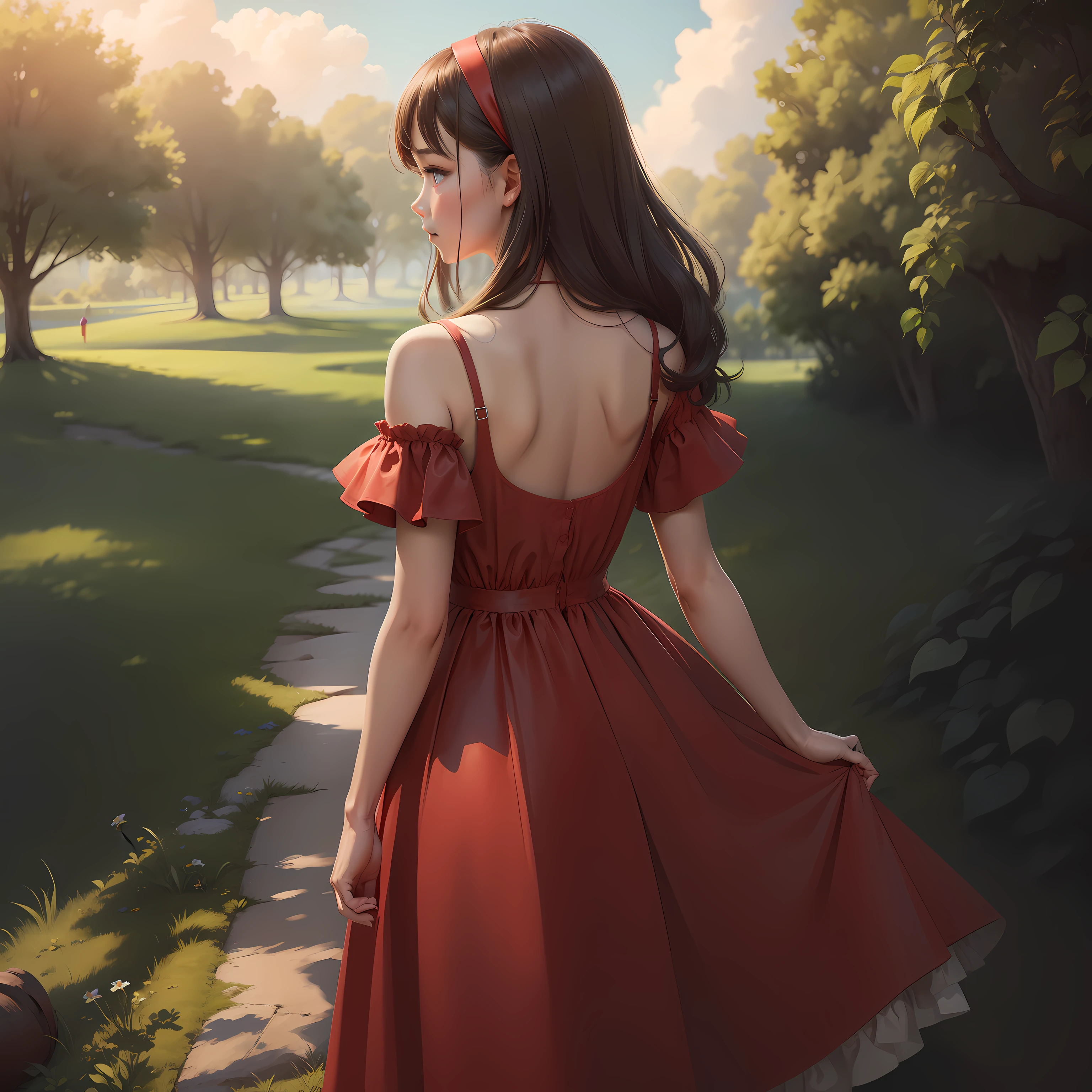 The girl in the red dress glanced back at the grass，There are blue skies and white clouds
