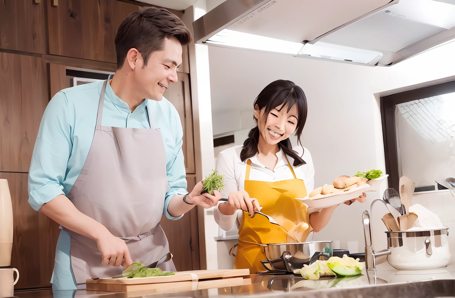 Together they are preparing a meal in the kitchen, cooking show, cuisine, Cooking, Wearing an apron, gourmet cooking, beginner, in a kitchen, marketing photo, In the kitchen, food stylist, mouthwatering, domestic, healthy, Korean, Lifestyle, artistic interpretation, Cookbook Pictures, People eating meals々, warm and joyful atmosphere, Cook, commercial photo, advertising photography