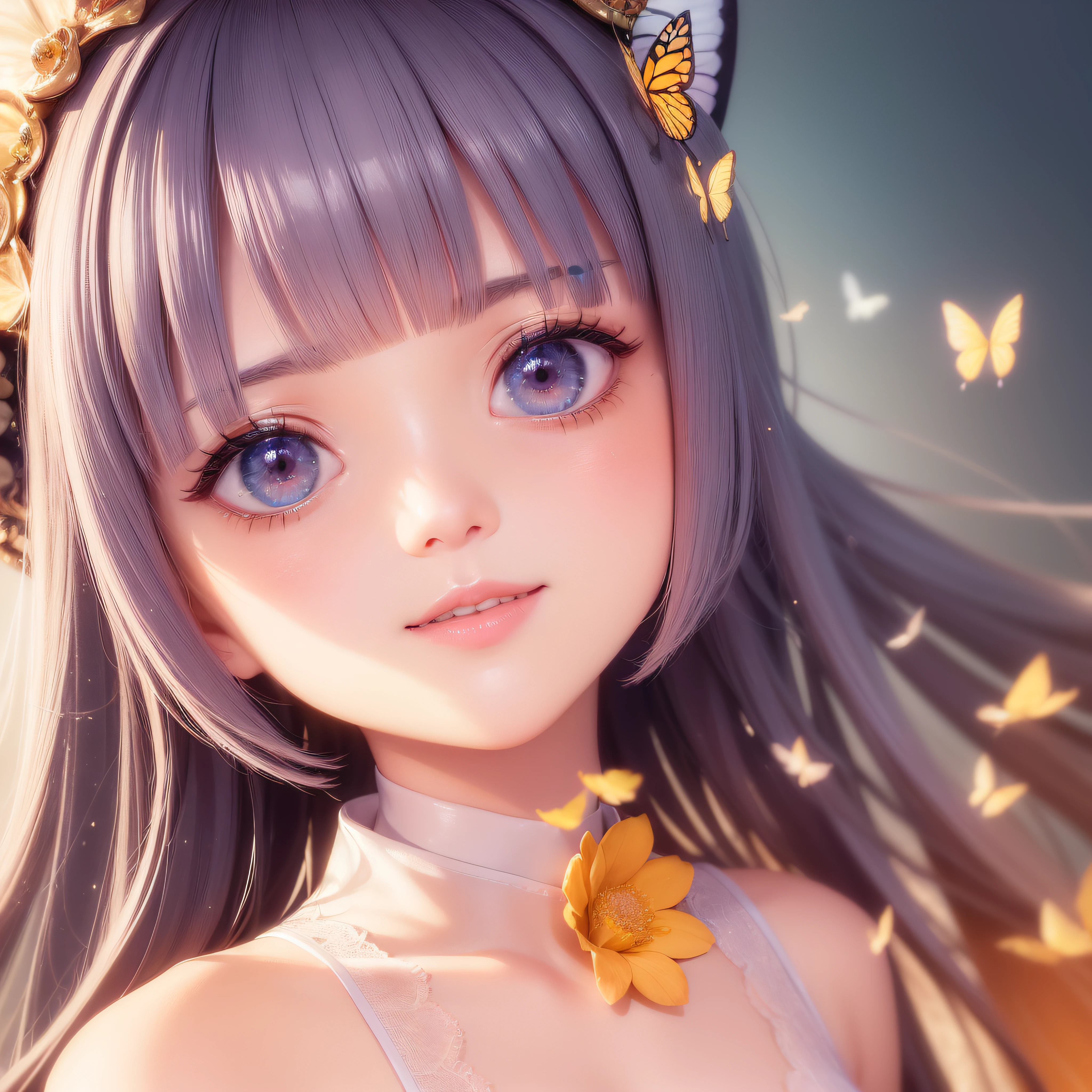 Close up of a smile with the corners of the mouth raised、Close up of a smile with the corners of the mouth raised、Close up of a smile with the corners of the mouth raised、close up of face、close up of face、close up of face、round and clear eyes、Shining eyes、Shining eyes、Beautiful 22 year old woman、dreamlikeart、Highly detailed airbrush art(((Surreal))、intricate detailes、Volumetric lighting、(​masterpiece:1.2)、(top-quality)、（The ultra-detailliert)、(The composition of the movement:1.4)、Highly detailed colorful details、(Irridescent color:1.2)、(Bright lighting)、dream-like、Magical、dynamic compositions、Ray traching、The mirror reflects light、Shallow depth of field、ultra-detailliert、mixing  exposure、nffsw、Super masterpiece、vivd colour、colourfull、One woman's face、(Cute cat in clothes)、Anthropomorphic representation、Rich colors、exquisitedetails、（masutepiece,Best Quality:1.5), (butterflys,Exquisite butterflies,Ultra CG), (High resolution:1.5)、(Big eyes、Iridescent eyes、Shining eyes、Eye Gloss）（Raise the corners of your mouth and smile、Open lips、Crimson Lip、lipgloss）、（bangss、shorth hair）、The beach is covered with colorful and transparent smooth stones:1.5、Orange in the sky、pink there、Absolutely enchanting sunset on the beach mixed with yellow。The water is crystal clear、White sand beach stretches out as far as the eye can see。It's a dynamic and breathtaking scene。Enjoy the calm atmosphere、
