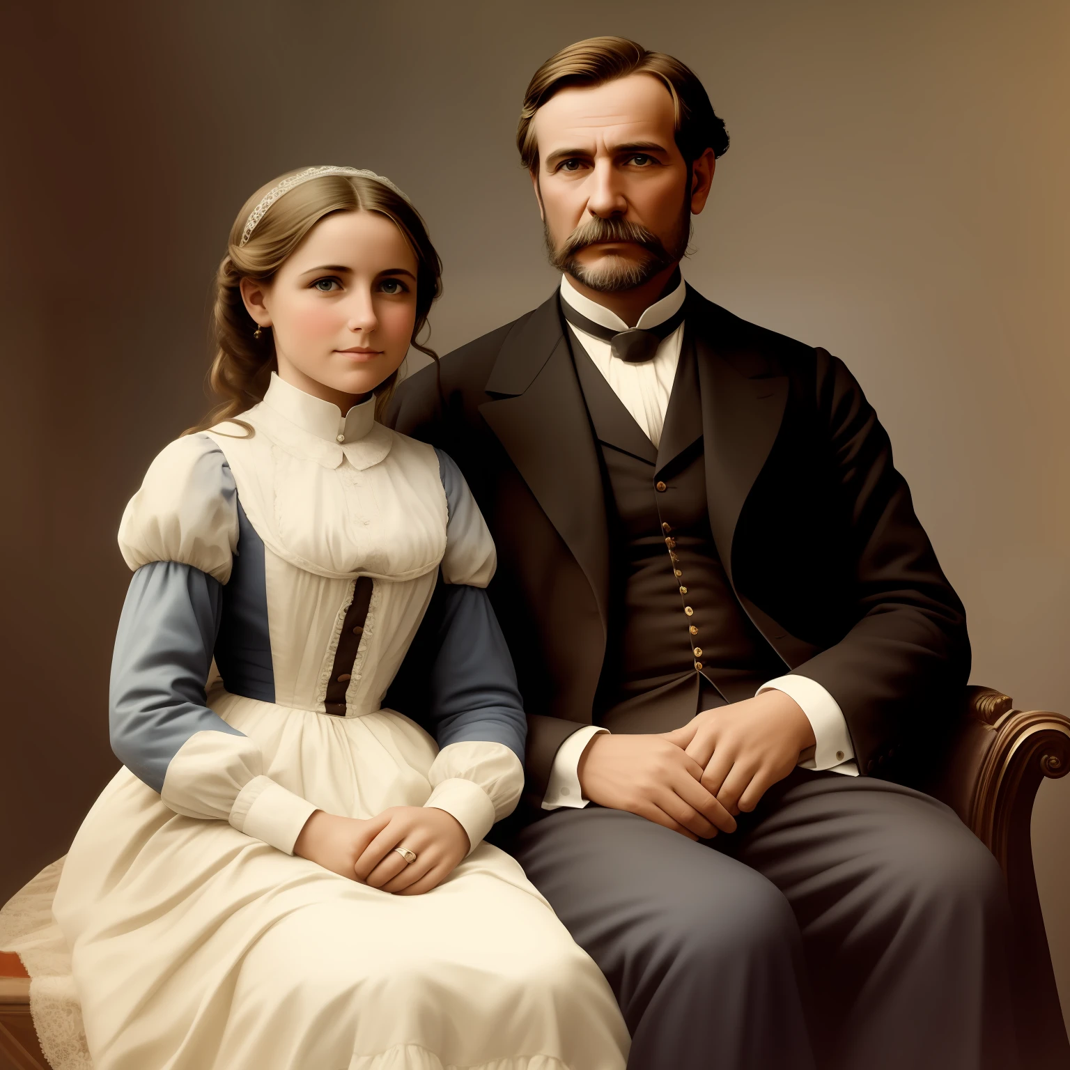 in Italy, em 1886, A dark blonde haired girl is sitting on her father's lap, posing for a family photo. colors of that time, foto realista