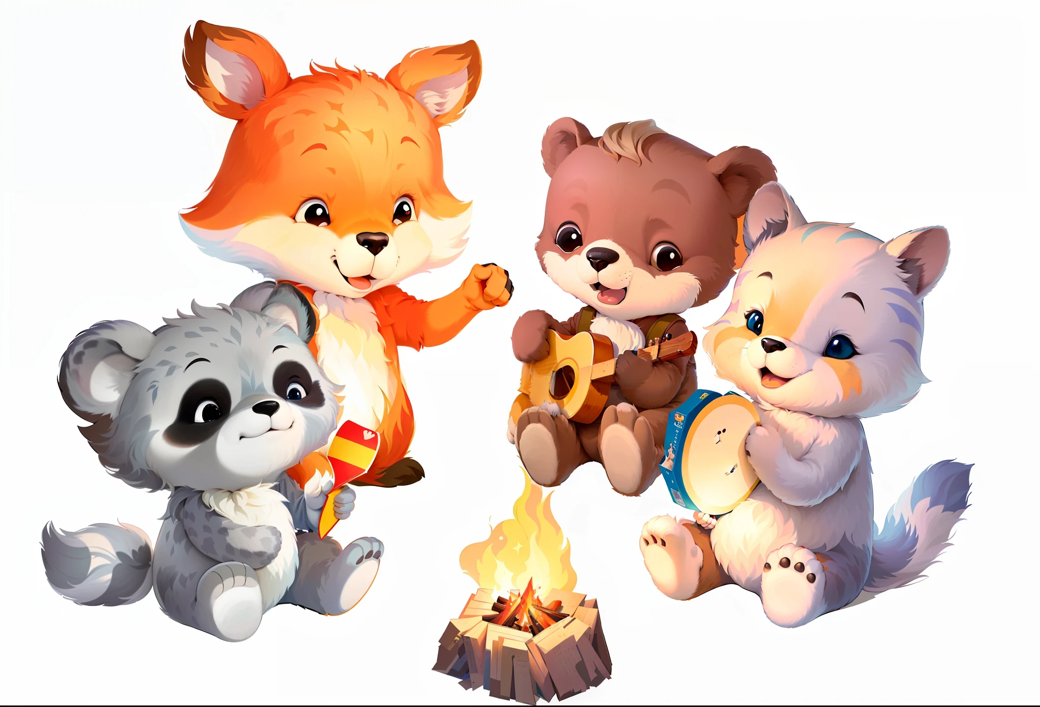 There are three cartoon animals that are sitting around a campfire, 3 bichos da floresta, Directed by: Hristofor Zhefarovich, Directed by: Silvia Dimitrova, Directed by: Eva Švankmajerová, illustration of children's books, illustration of children's books, illustration of children's books, childrens illustration, personagens bonitos, official illustration, Directed by: Aleksander Kotsis, Quatro ursos humanoides