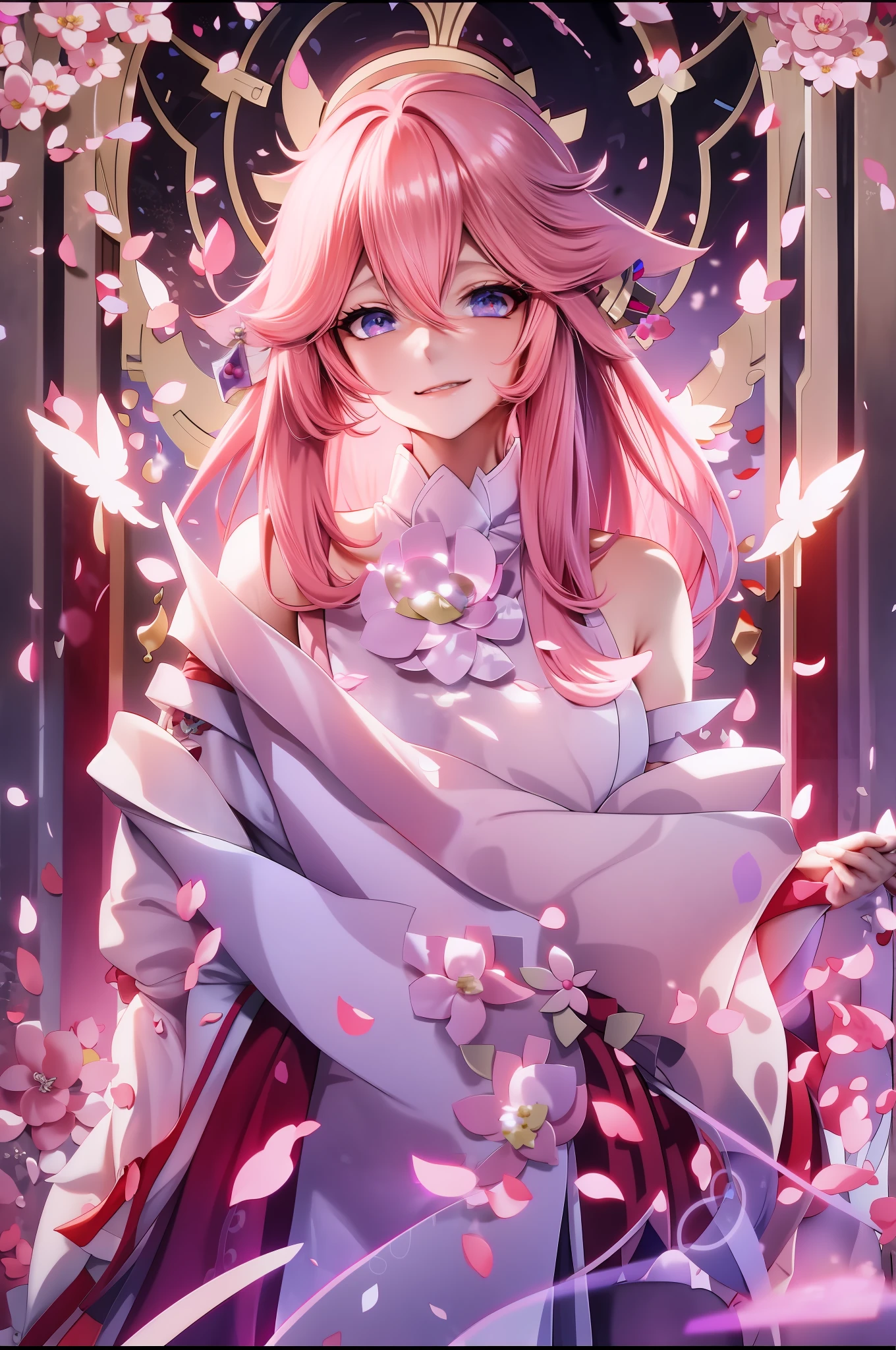 Anime girl with pink hair and blue eyes in a white dress, sakura petals around her, Ayaka Genshin impact, Best anime 4k konachan wallpaper, beautiful and seductive anime woman, Anime goddess, ayaka game genshin impact, Keqing from Genshin Impact, seductive anime girls, sakura haruno, Beautiful anime woman, Beautiful anime girl,8k。