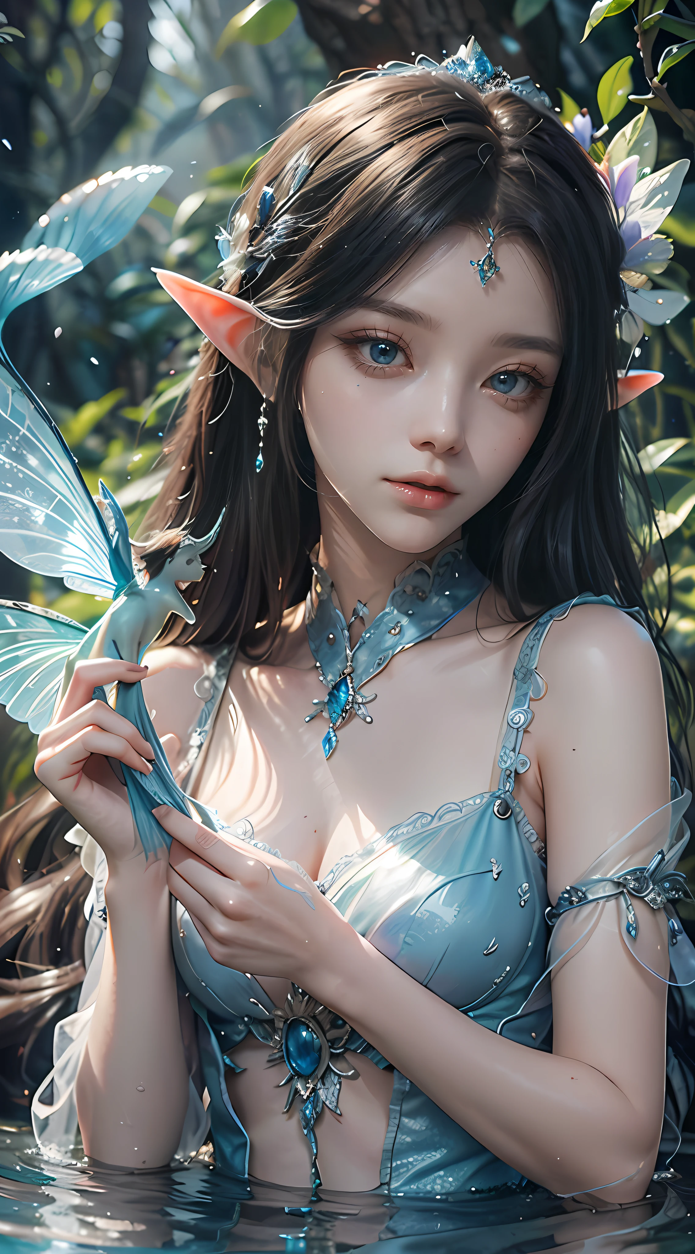 Blue and violet dream color system, sense of fate, best quality, master layout, lighting, mermaid, long fish tail, sea, stone clay, elf, holding mussel pearl, gauze sleeve, water fairy, close-up fantasy and water magic, ethereal fantasy, fairy tale aesthetics, astral fairy, beautiful and elegant elf queen, ethereal fairy tale, beautiful ancient frost witch, fantasy aesthetics! , fairy tale core, anime cosplay, ethereal beauty, fantasy art style, anime girl cosplay, ethereal fantasy, beautiful fairy