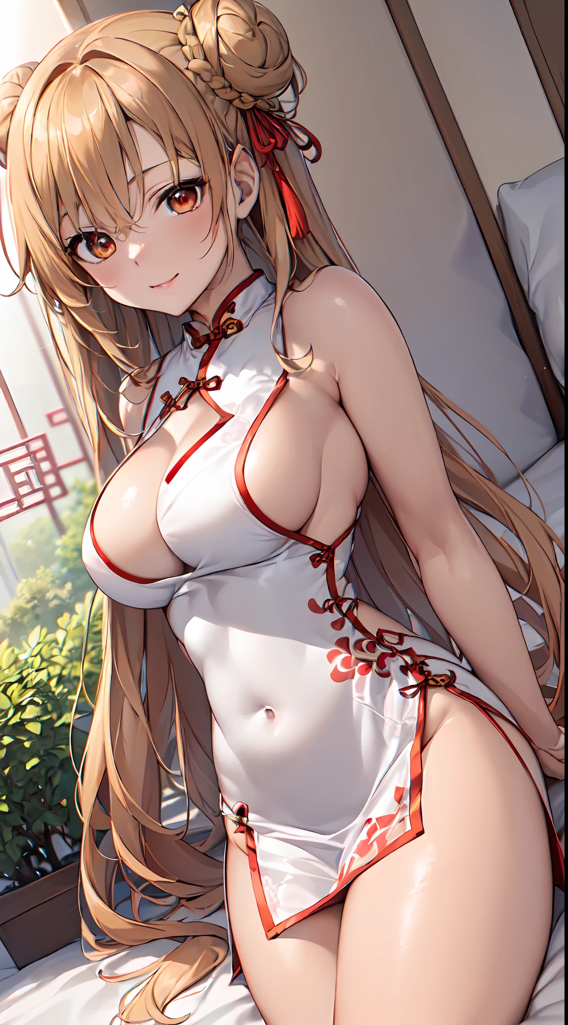 (Masterpiece:1.4),(extremely detailed CG unity 8k wallpaper),(large breasts:1.3),(Style image of cheongsam woman:1.5),seductive smile,(solo:1.5),(model:1.2),Seductive Anime Girl, small curvy , beautiful alluring anime teenautiful anime girl, charming anime girls, Smooth Anime CG Art,beautiful alluring anime woman, Anime Best Girl,(asuna yuuki),pretty anime girl,(bare shoulders, china dress, chinese clothes, short dress, cleavage cutout, sideboob, thighs:1.3),(chinese double bun bun:1.1),white Clothes, chinese style architecture behind, lens flare,(ba gua),beautifully painted, outdoors,