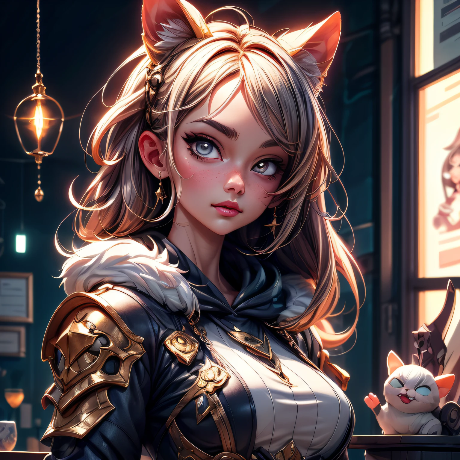 anime 1 girl in her room, best quality digital illustration by wlop and artgerm, gorgeous lighting, detailed anime art, high quality, sharp focus, beautiful scene, detailed fur, detailed fur face with a black hoodie, detailed armor, portrait, detailed clothes, detailed background, artstation, realistic, expressive face, detailed hands, detailed eyes, artstation