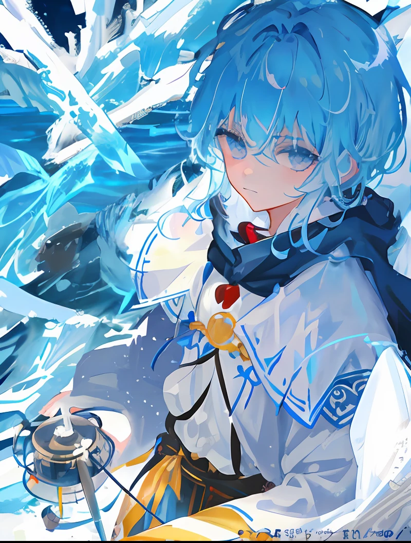 masterpiece, best quality, masterpiece,best quality,official art,extremely detailed CG unity 8k wallpaper, light blue hair, intense shadows, huge_filesize, wallpaper, boy, medium hair, white hair, longeyelashes, beautiful detailed eyes, expressionless, smirk, scowl，Snow-white eyes mixed with light blue，Sky blue with snow-white hair，storming，water fog，water dripping，bright，A Chinese dragon made of water，Clothes that are mainly white，