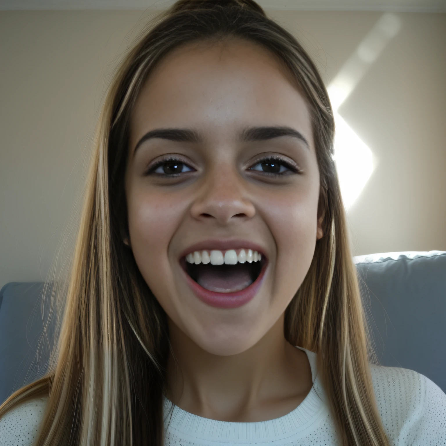 una mujer, boca abierta, lengua fuera, sonrisa amplia, cara feliz, Extreme midday sun, iluminado, iluminado frontalmente, lindo, seductor, Caucasian White, enfoque agudo, DSLR, profesional, impresionante, muy detallado, aesthetic, ultra realista, saludable, warm light, blusa escotada, pupilas detalladas, ojos detallados, ojos azules, piel muy detallada, dientes bonitos, piel blanca, pelo oscuro