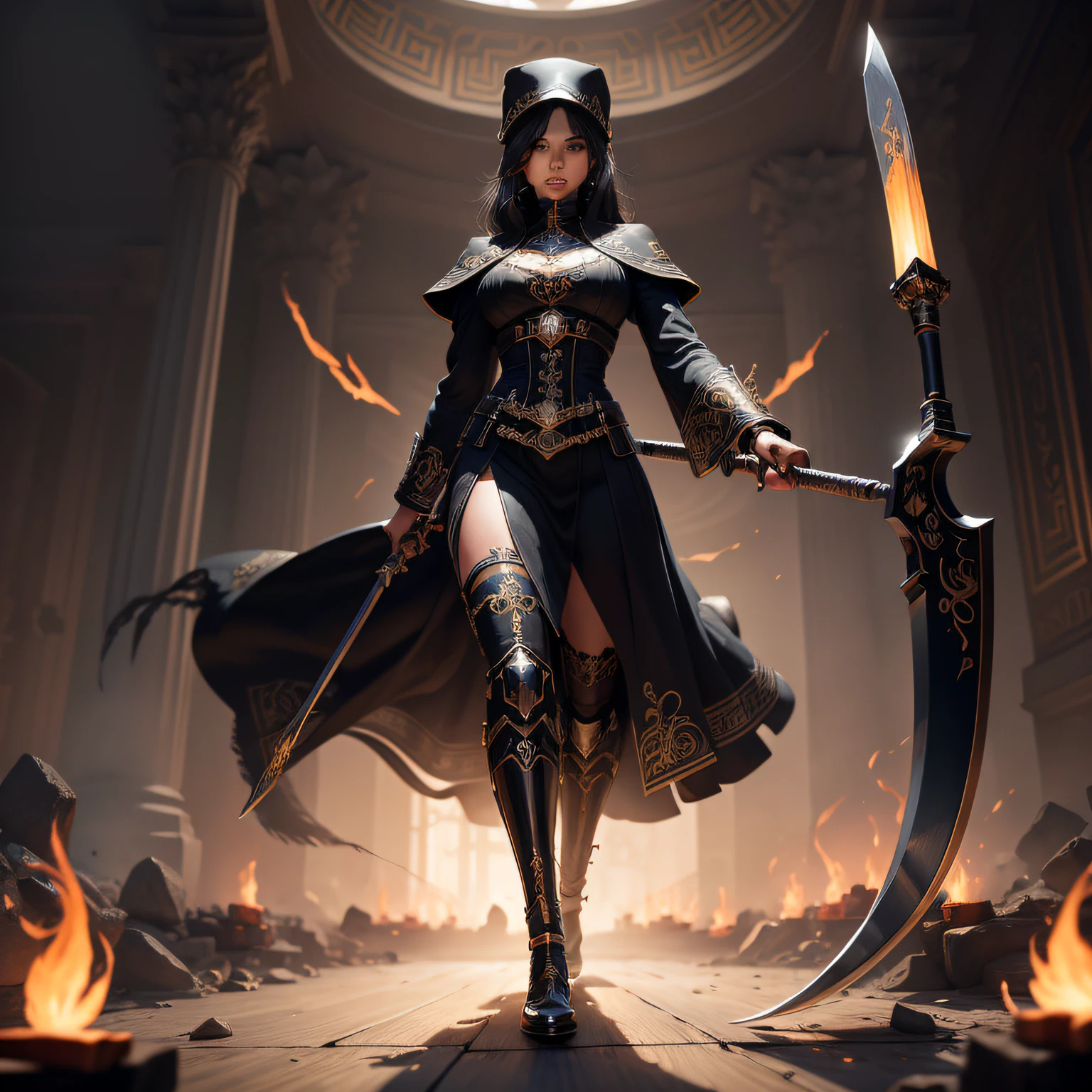(masterpiece: 1.4), (best quality: 1.4), 1 huge scythe extremely sharp long wooden handle ornate with carved Greek words and incandescent lights cracked to the details its blade is extremely powerful with details of a high-tech material micro alloys carbon with titanium and vibranium in its blade, known as the weapon of death