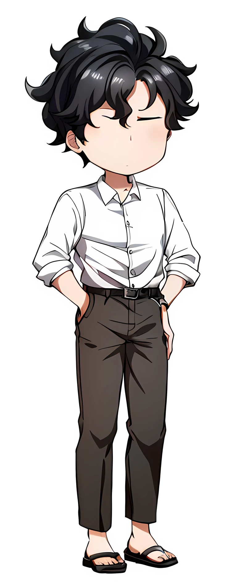 A cartoon boy with black hair and white shirt,Single character full body,Q version,