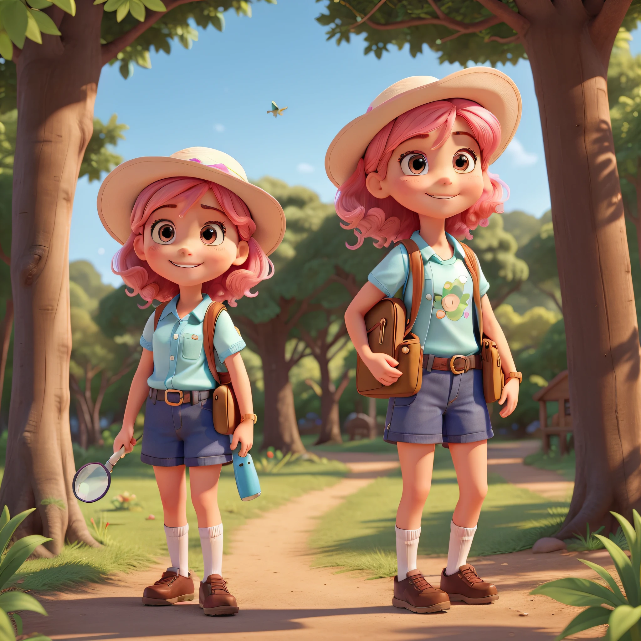Marina is a 3-year-old girl with pink hair and brown eyes. She's wearing blue shorts, a white shirt and an explorer's hat. She is carrying a travel backpack and has a magnifying glass in her hand. She's smiling and seems to be excited to explore.
Marina is in a forest. It is surrounded by trees, plantas e animais. She's using her magnifying glass to look at the insects and plants. She's learning a lot about the world around her...
Marina is happy and feels like a true explorer. She's learning a lot and she's having a lot of fun... Ela mal pode esperar para voltar para a floresta e explorar mais