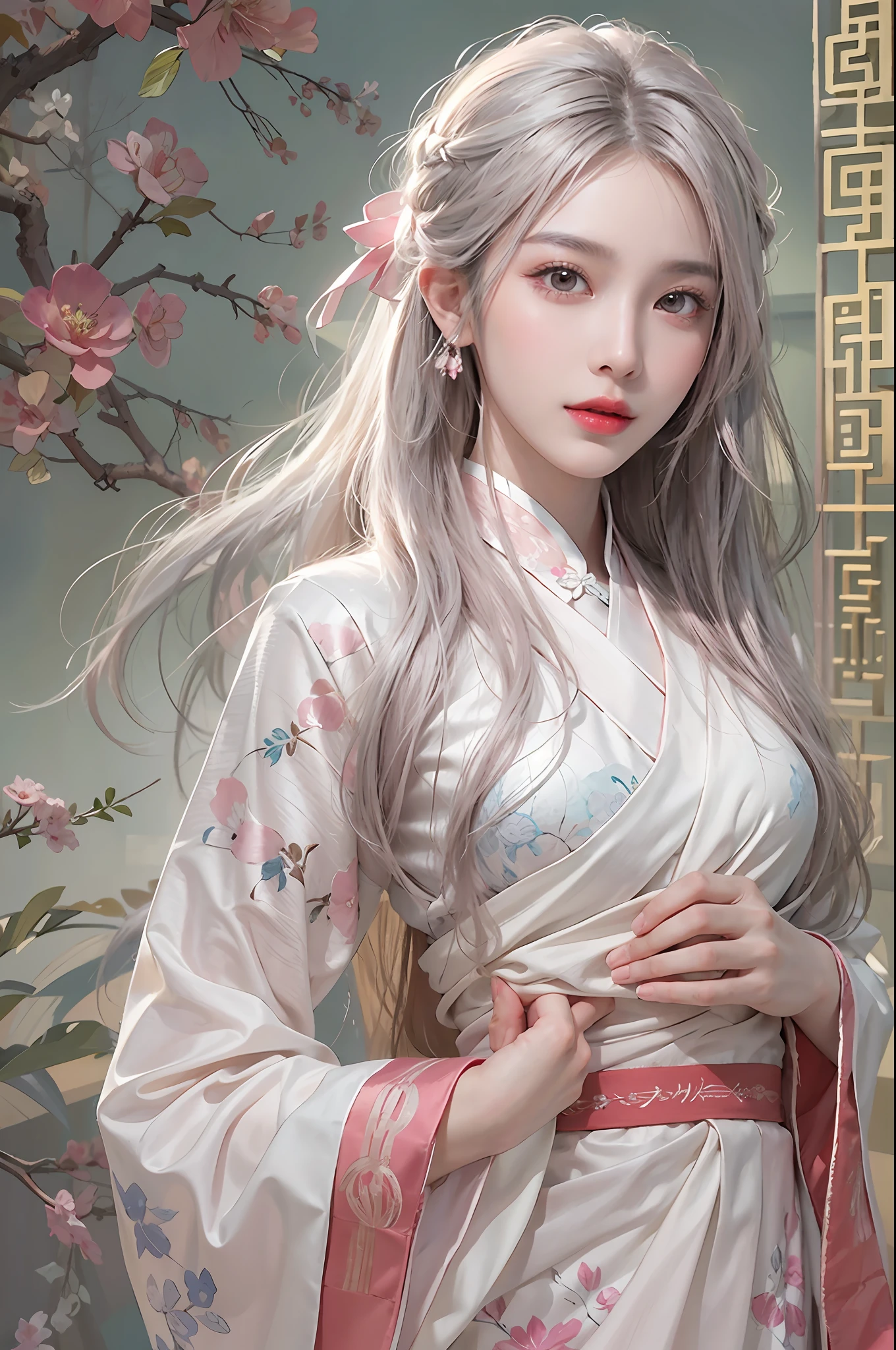 photorealistic, high resolution, soft lights, 1women, shiny skin, finely detailed skin, pink lipstick, solo, hips up, look at viewer, (detailed face), white hair, long hair, chinese wedding hanfu