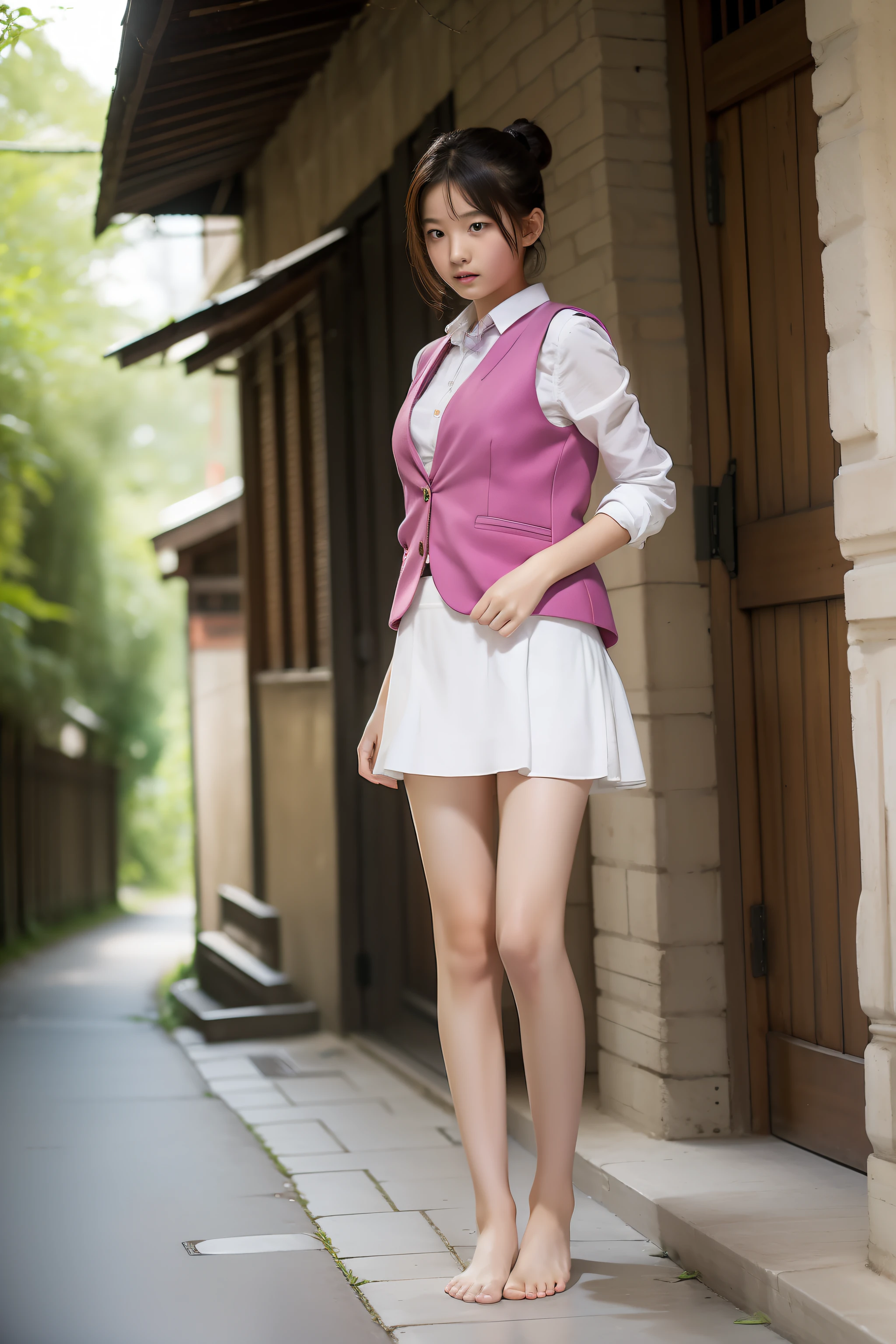 ((best qualtiy)), ((tmasterpiece))A Asian woman,vests,short skirt,Very long legs,revealing white panties,Barefoot