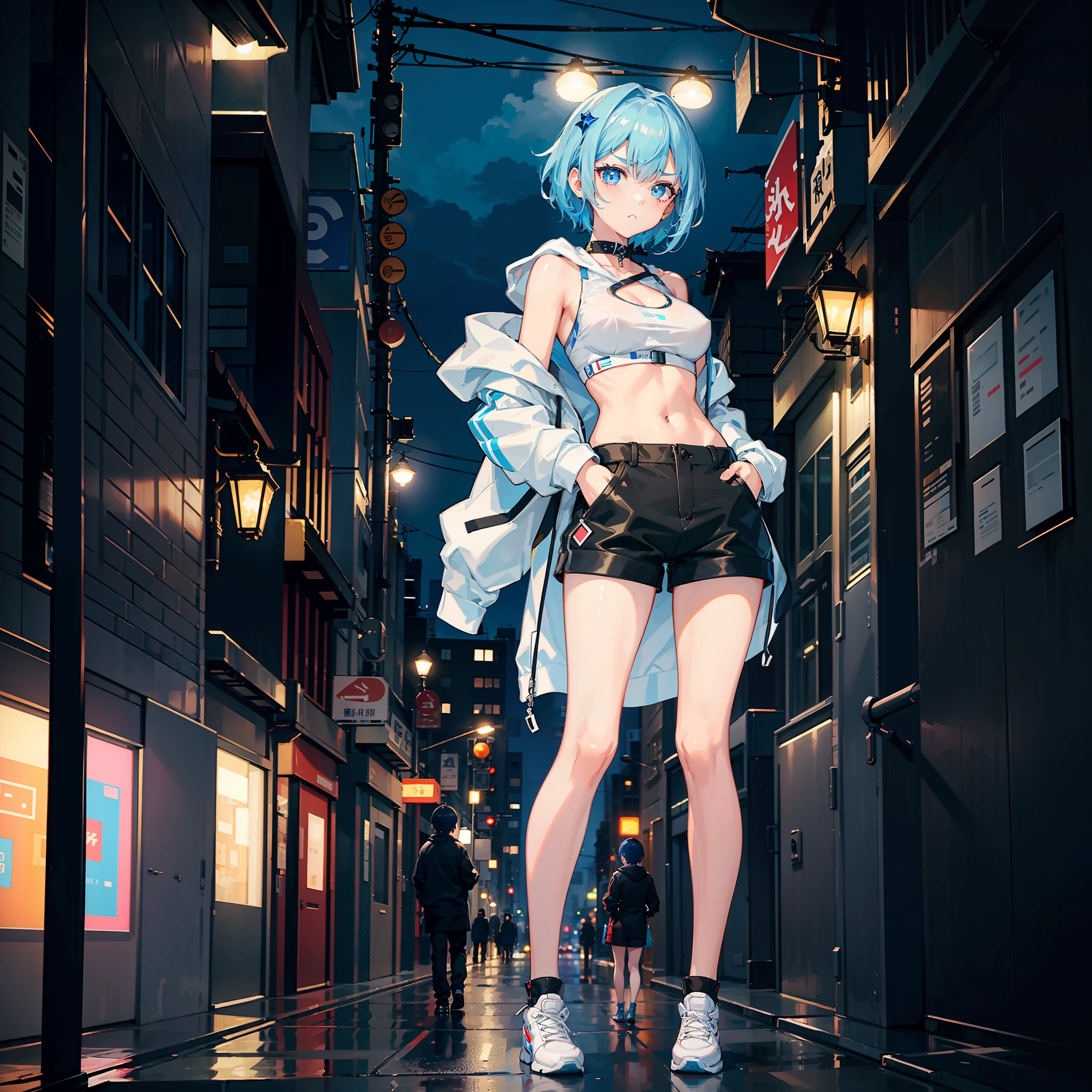 Amazingly beautiful cybercos girl wearing oversized hoodie and short pants standing in a building street at night with neon lights has attractive medium breasts and slender body with a face characterized by light blue short hair, drooping eyebrows and large light blue eyes、(Delicate details:1.25)、(独奏:1.3)、(top-quality)、(masterpiece)