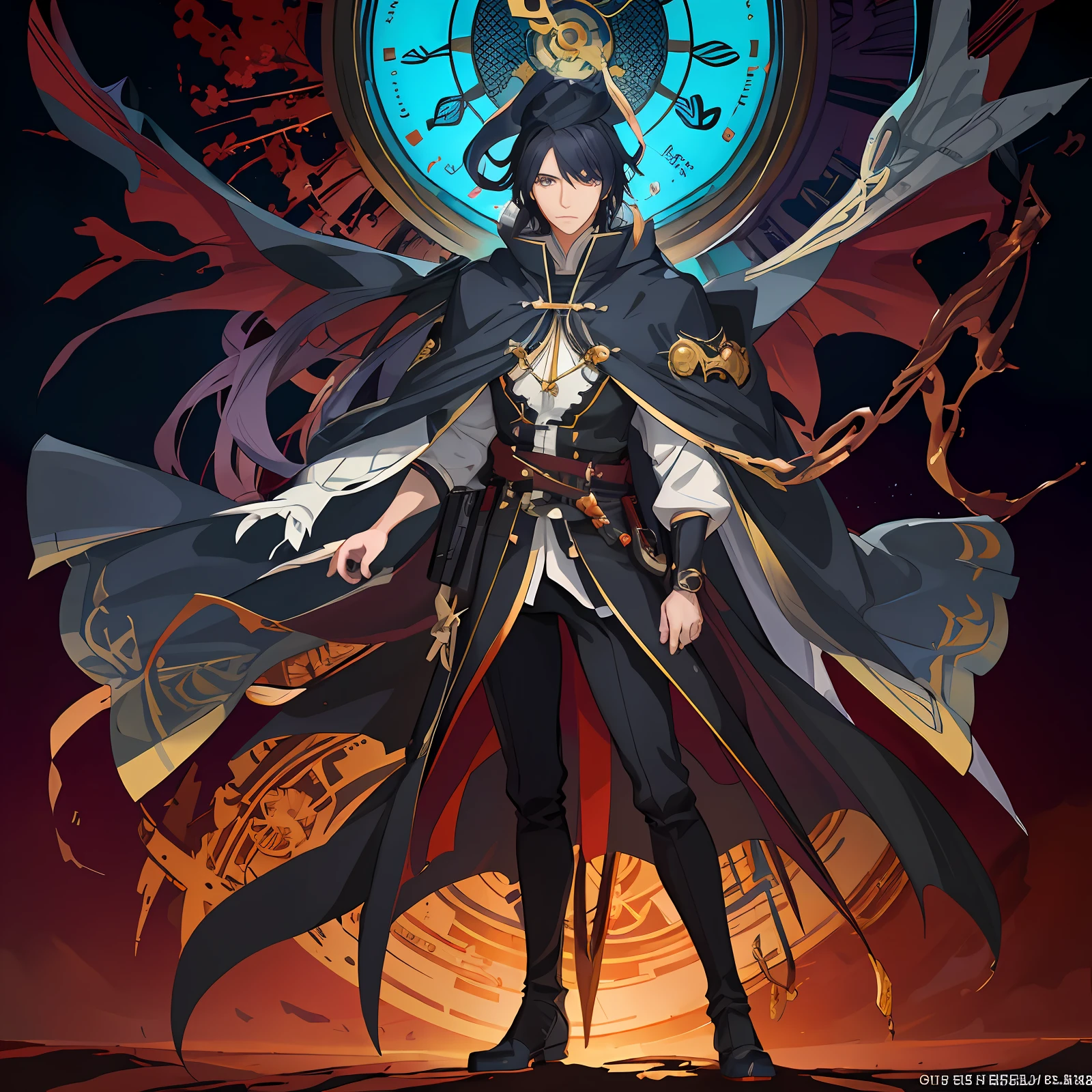 anime character with a cape and caped outfit in front of a clock, official character art, isekai, new character, main character, taisho roman, ad image, official art, hiroyuki takahashi color scheme, official character illustration, from overlord, hijikata toushirou, anime key visual concept art of, ( ( character concept art ) )