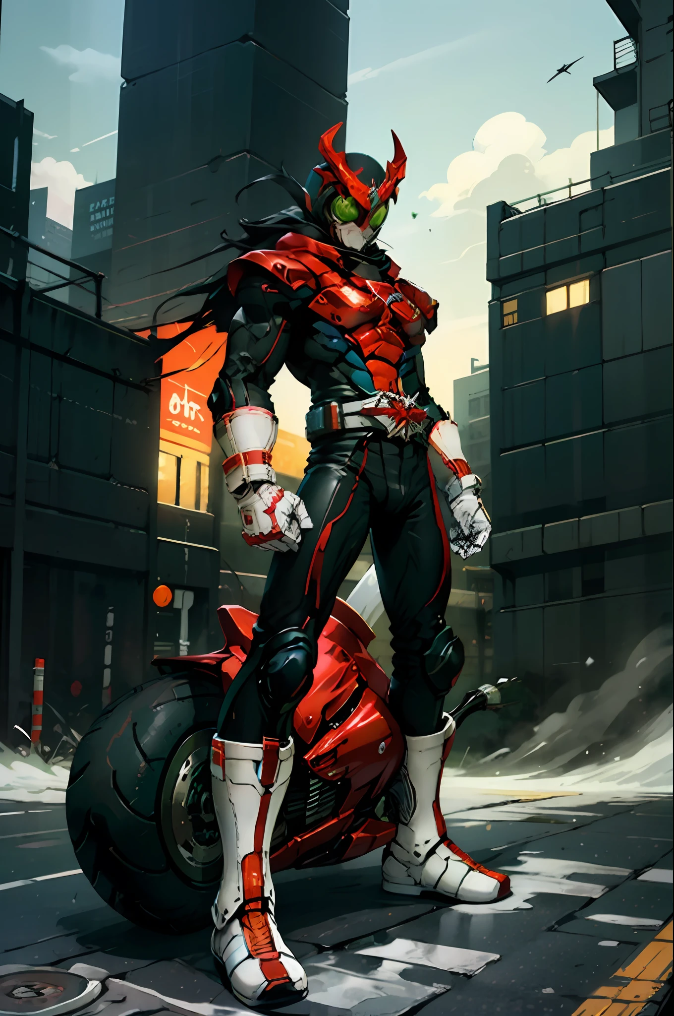 kamen rider stronger ,(((motorcycle:1.4))), (in new york city:1.4),(RAW photo, best quality),
red and white boots, gloves,realistic, red and black suit ,Black pants with red stripes,white scarf,glowing eyes,fighting stance,take on helmet with red horns,
ultra detailed, highres, soft light,cinematic lighting,city lights at night,perfect anatomy,slender body,(MASTERPIECE:1.2),(REALISTIC:1.2), (ILLUSTRATION:1.2) , (POST PROCESSING:1.3),(SHARP FOCUS:1.3),
HDR, photography, Kodak Portra 400, film grain, vibrant color, perfect hands, perfect arms,
super extremely ultra detailed (hair,eyes,iris,skin,cloth texture),
(sharp focus),(denoise),(raw photo,8k uhd),(extremely fine,best quality),illustration,intricate,