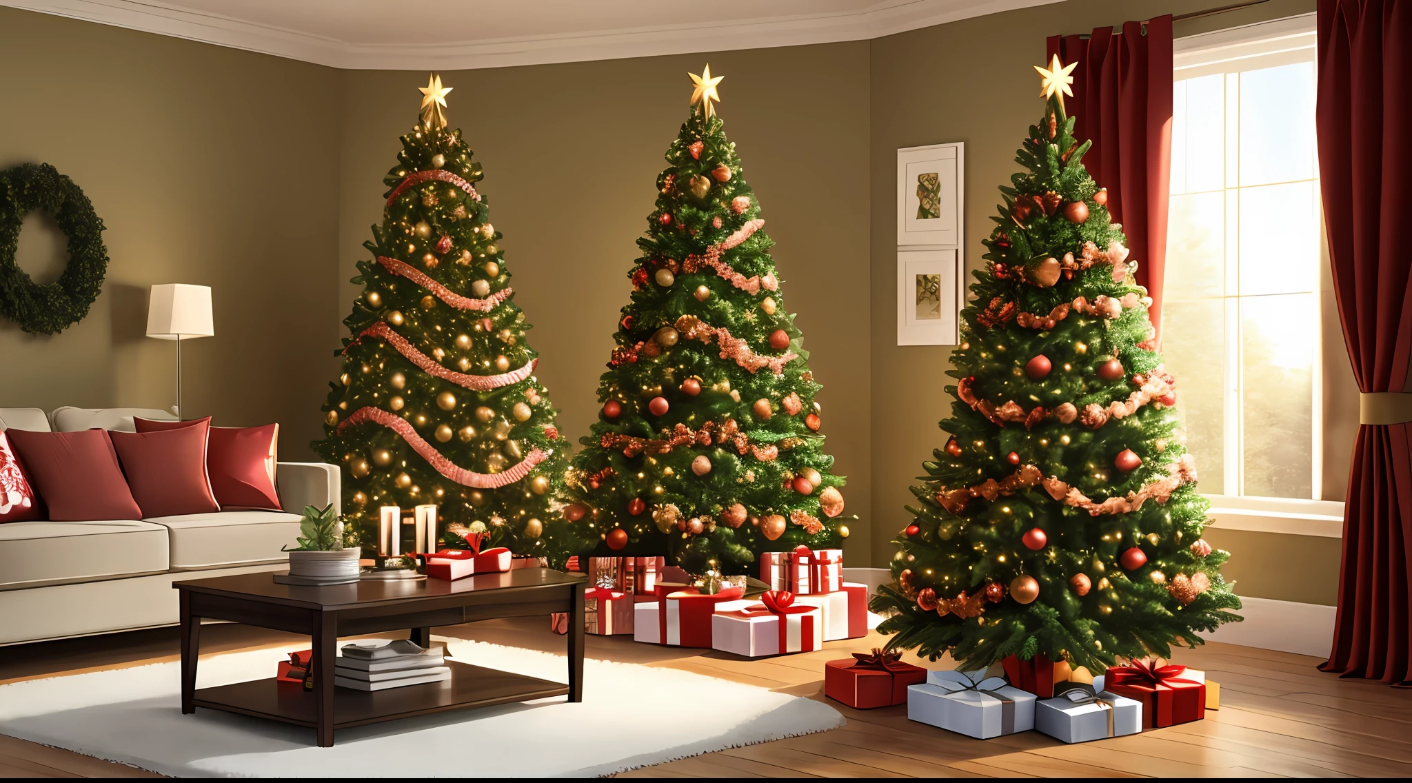 Christmas tree with full front view living room, poltrona e tapete, fotografia real, Super realistic rendering, realism rendering,