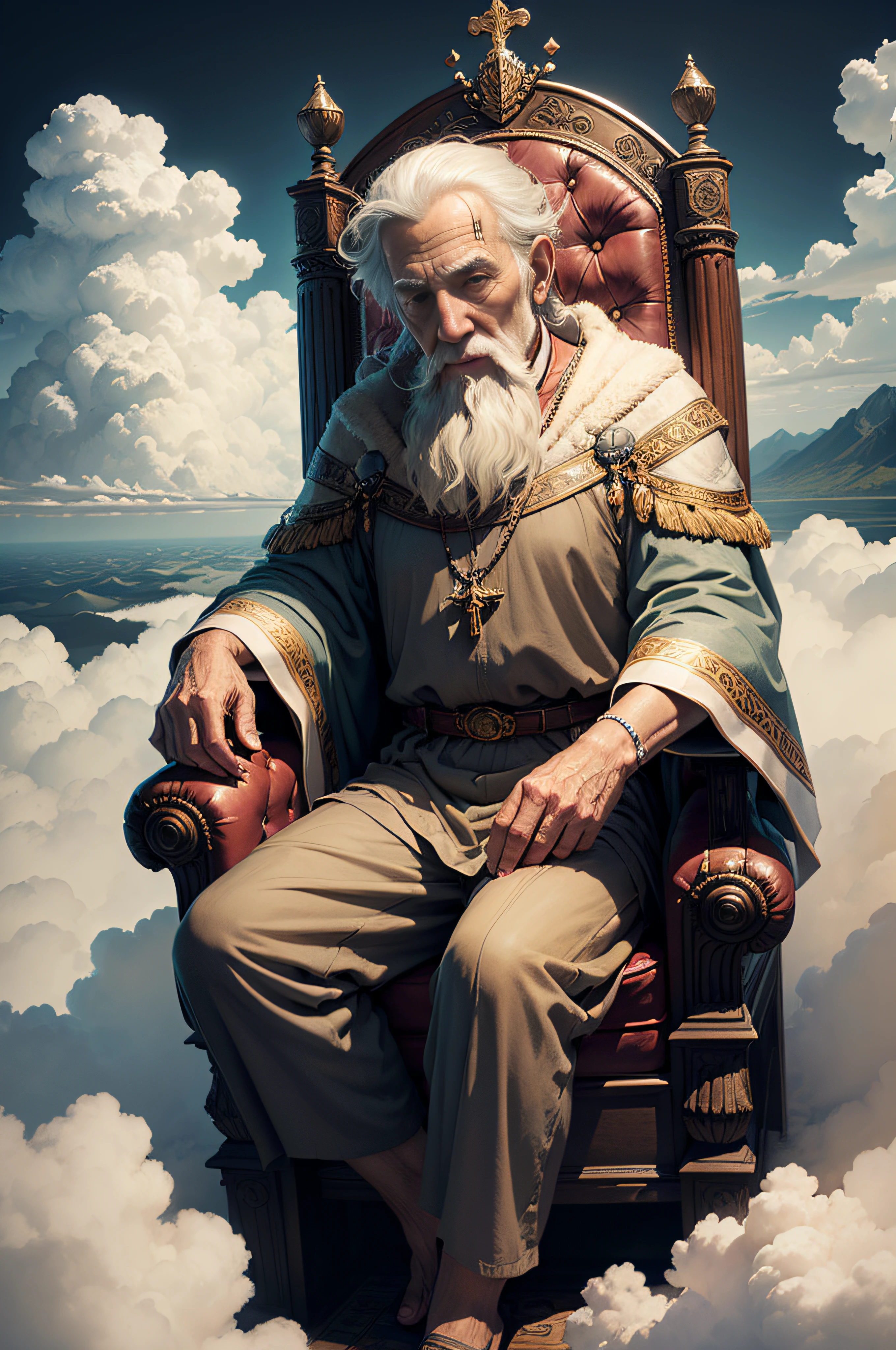 God, very old man, sitting on a throne, in the clouds, watching the earth from above --auto