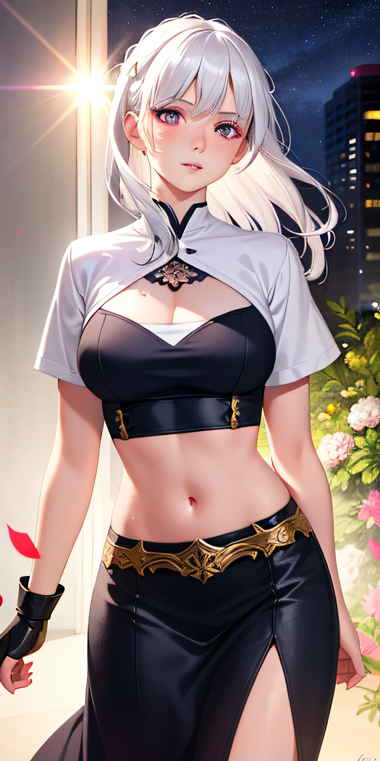 realistic, 1girl, white hair, purple eyes, glowing eyes, crop top, skirt, parted lips, blush, night, flowers, sun, sunlight,