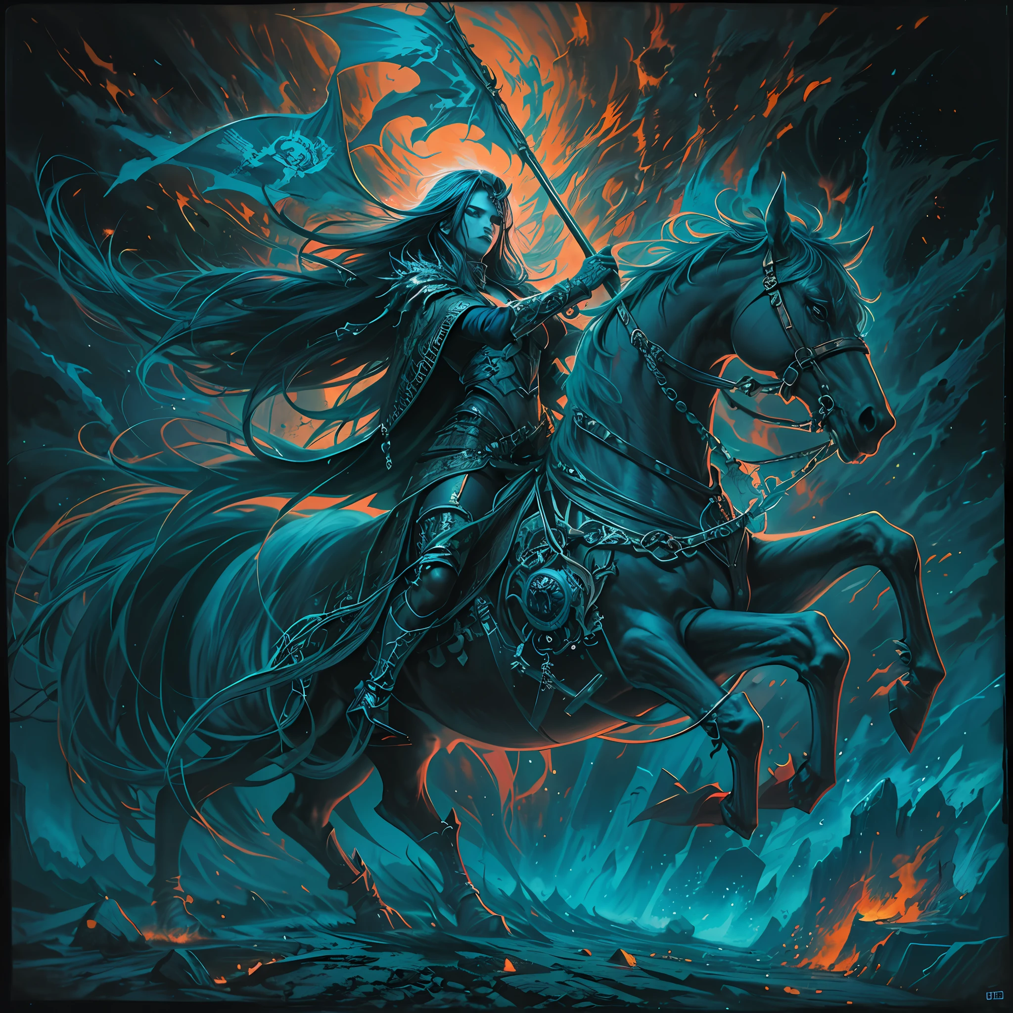 death with horror and apocalyptic atmosphere, azure glowing of creature is nightmare with six legs, sit on the horse, hold a flag, rich colors with dark palette, visionary art, gothic style, super fine detailed texture, air brush and colored pencil, black light painting, holographic render, cinematic angle and still,