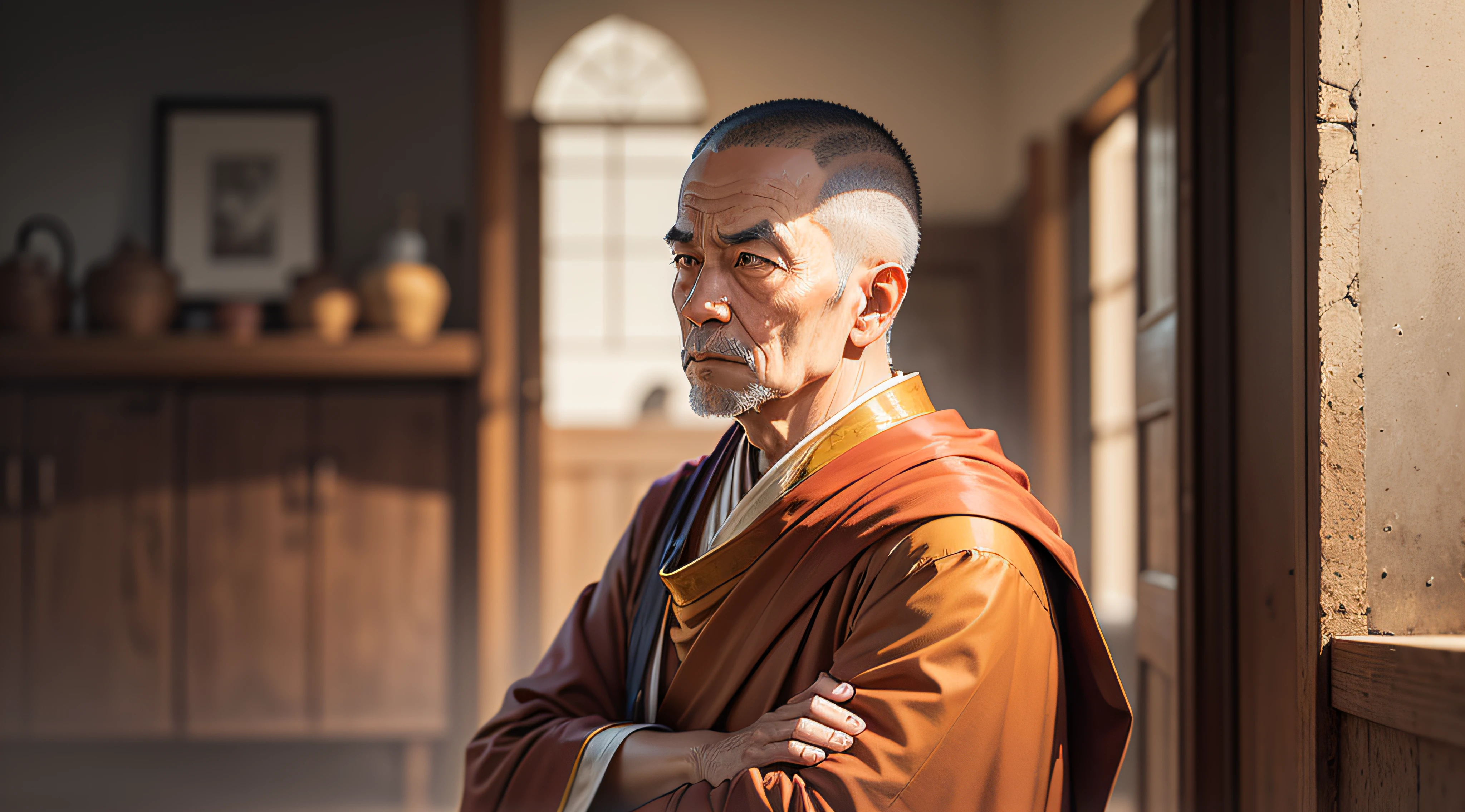 Wise monk looking to the side