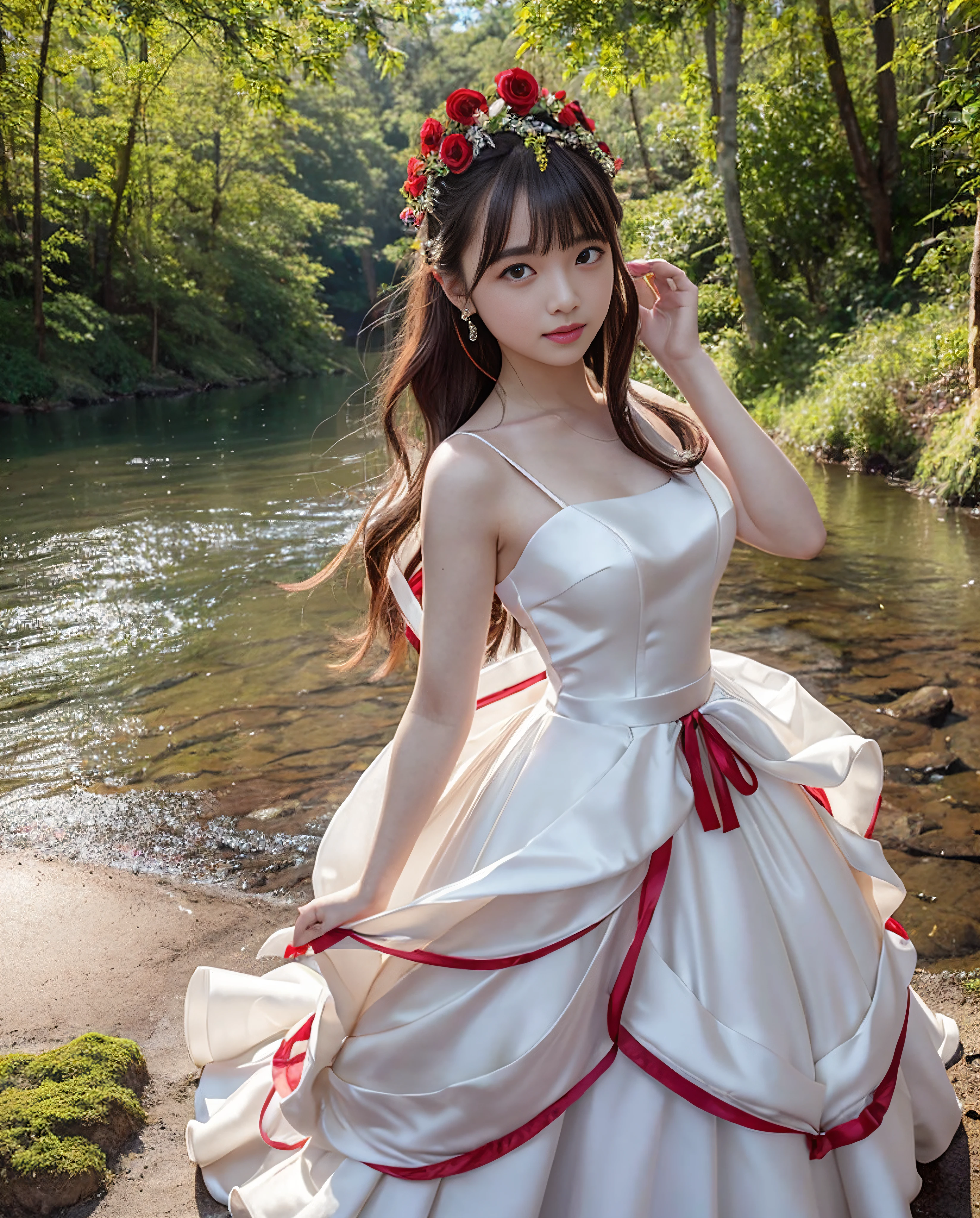Rose flowers, light eye makeup, ((1)),(((Photorealistic)))))), (((AKB 48)), (Full body photo))), (Lens flare),(Backlight)), ((In the forest)), ((Dark mountain lake))),((Rock in the background))), Corolla,(Smiling)),((NIKON Z))),(19 years old),( Small bust)))), ((((bright red wedding dress))))), ((((Pore feeling)))), (skin feeling)))), (Photorealism: 6, realistic))), (sideways and turning around pose)),Perfect lower body shape, ribbon, hair ornament, pale skin, looking at the viewer, small waist