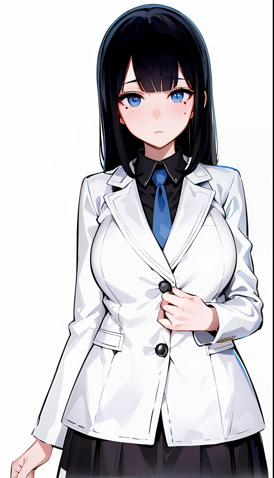 Small mole under left eye、Anime girl in black skirt with white jacket and blue eyes, High School Girl Nurse、with white coat, wearing lab coat and a blouse, White coat, Hinata Hyuga, mayuri shiina from steins gate, in a strict suit, wearing lab coat, wearing a lab coat, wearing lab coat, in a strict suit, wearing white outfit, White uniform