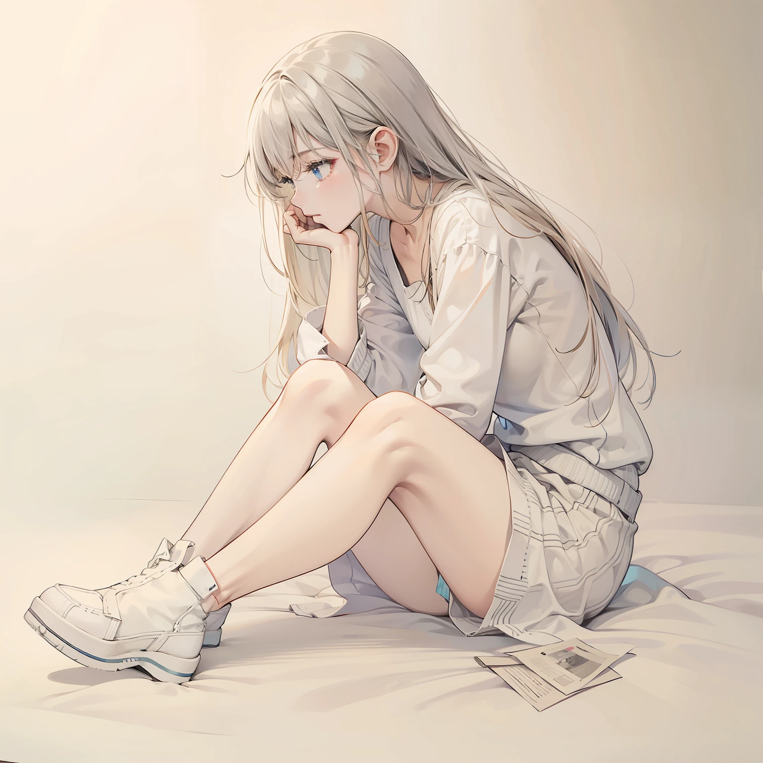 Complex pencil drawing、裸の少女、Sit on one knee、sideways Facing