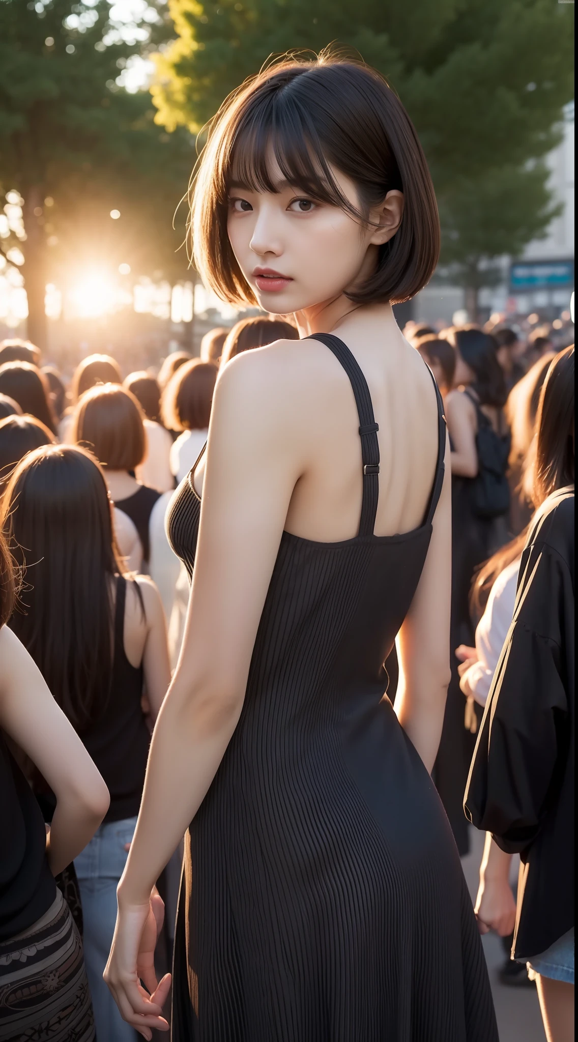The 8k quality、Top image quality、超A high resolution、masterpiece、Photorealsitic、1 girl in、tense look、Trendy makeup、bob cuts、Trendy Tight Dresses、ciinematic light、The protagonist、the chaos、Super Slender、in a crowd of people、Number of people who are about to be crushed、Dynamism、Magic Hour、Beginning of the story、Magazine covers、Only the protagonist is looking at the camera、Focus only on the main character、The best looks in the world