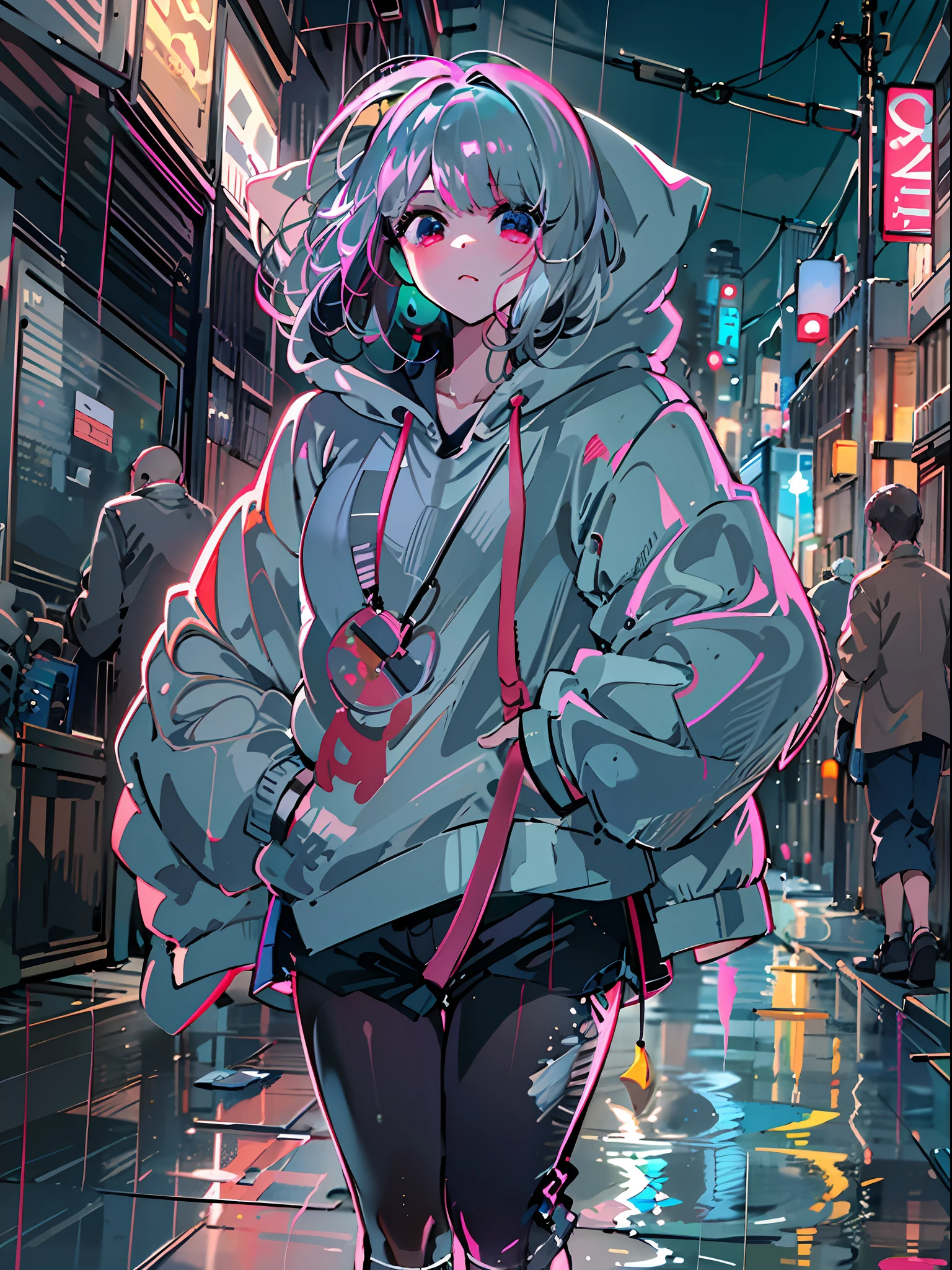 8K分辨率、((top-quality))、((​masterpiece))、((ultra-detailliert))、1 woman、独奏、incredibly absurdness、Oversized hoodies、headphones、Street、plein air、Rain at night、neons、Shortcut Hair、Brightly colored eyes、Hands in pockets、shortpants、water dripping