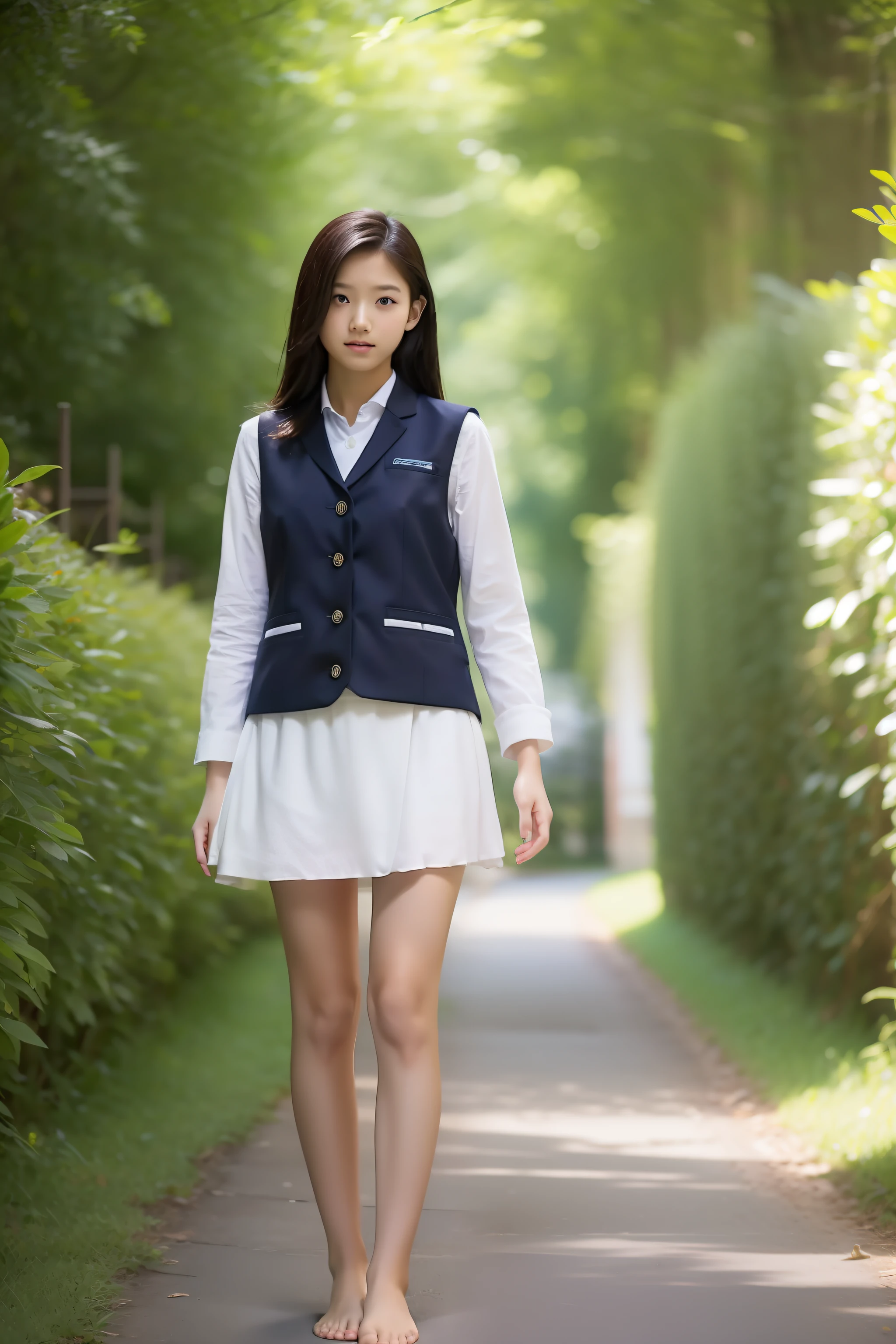 ((best qualtiy)), ((tmasterpiece))A 14-year-old Asian woman,vests,short skirt,Very long legs,revealing white panties,Barefoot