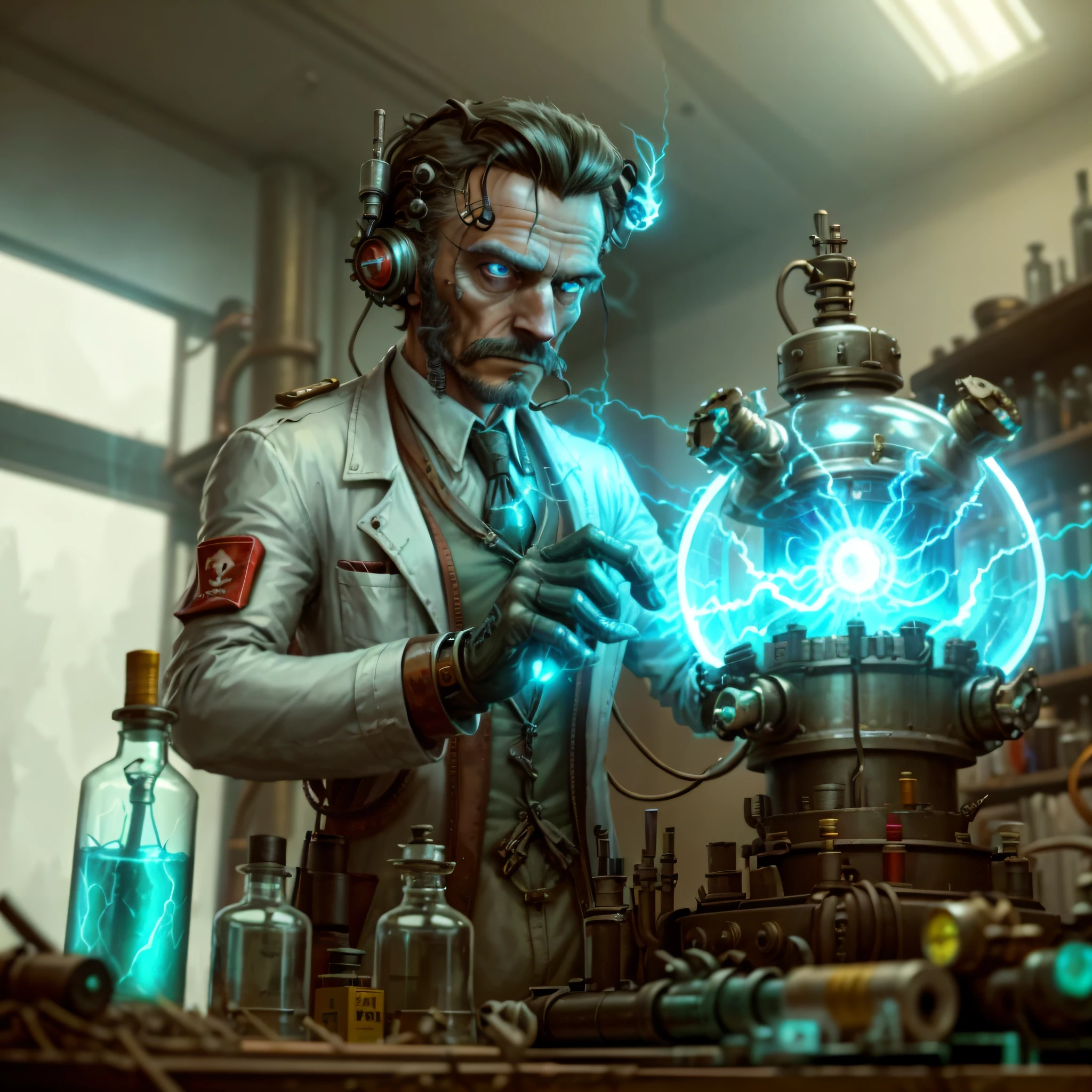 retro teslapunkai , valvepunk, strange device in laboratory, scientist, cluttered environment, lightning bolts