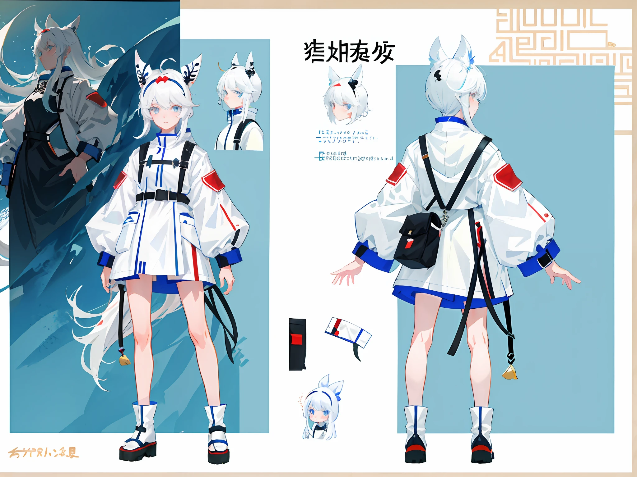 highr， White padded jacket，White color hair，White eyes，Long-handled axe，standing on your feet，Chinese girl design，Genshin detailed art，Anime character design，anime concept art，pretty anime character design，anime character reference sheet，[character  design]，