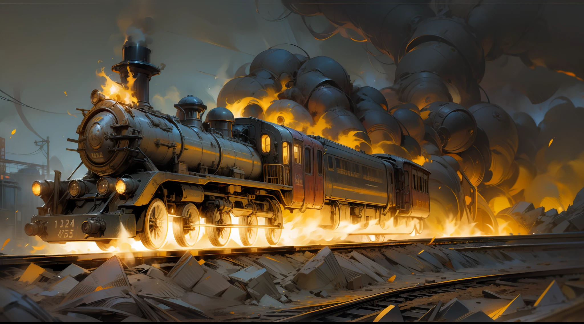 Old train running in fire,beam light,32k,realistic,detail,futuristic punk,steampunk