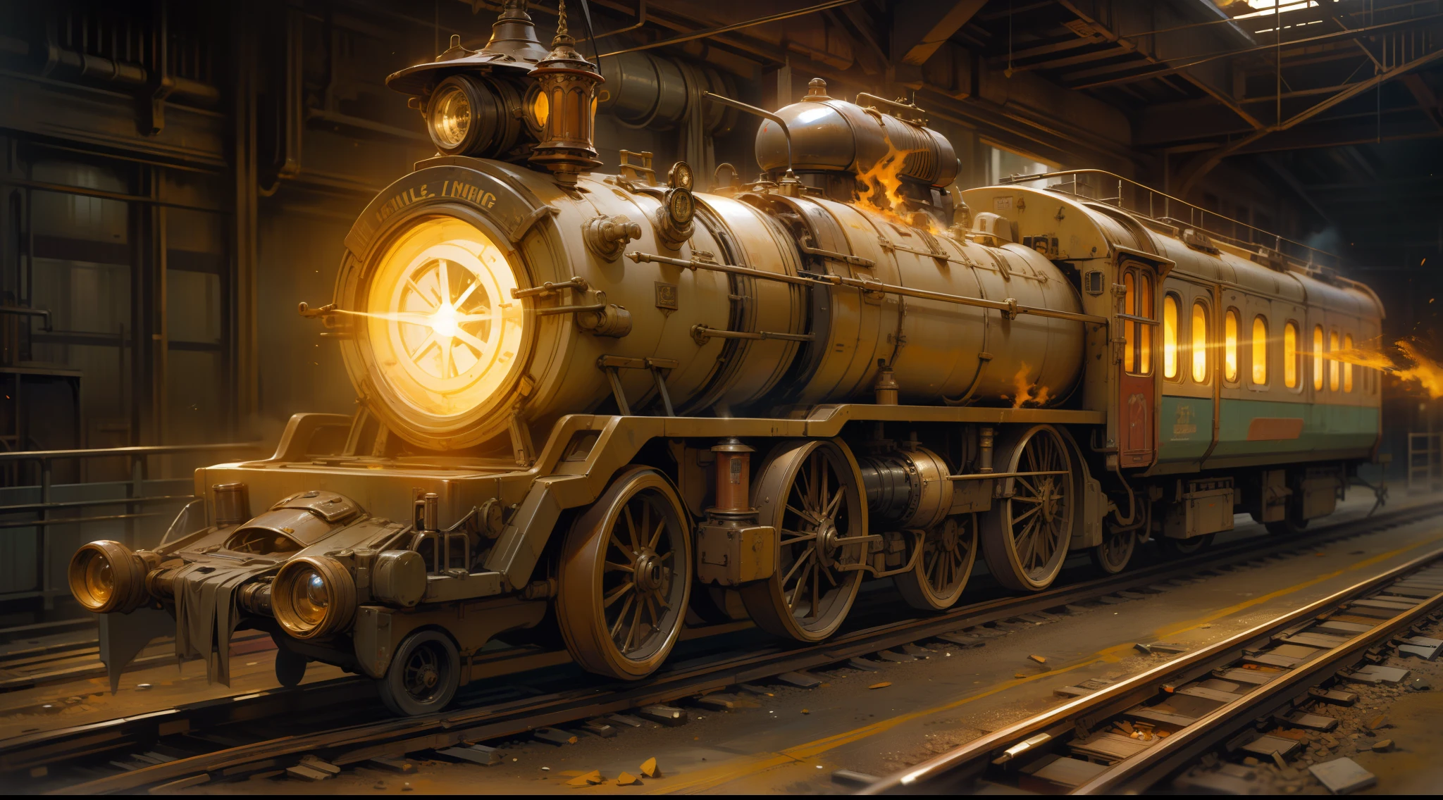 Old train running in fire,beam light,32k,realistic,detail,futuristic punk,steampunk