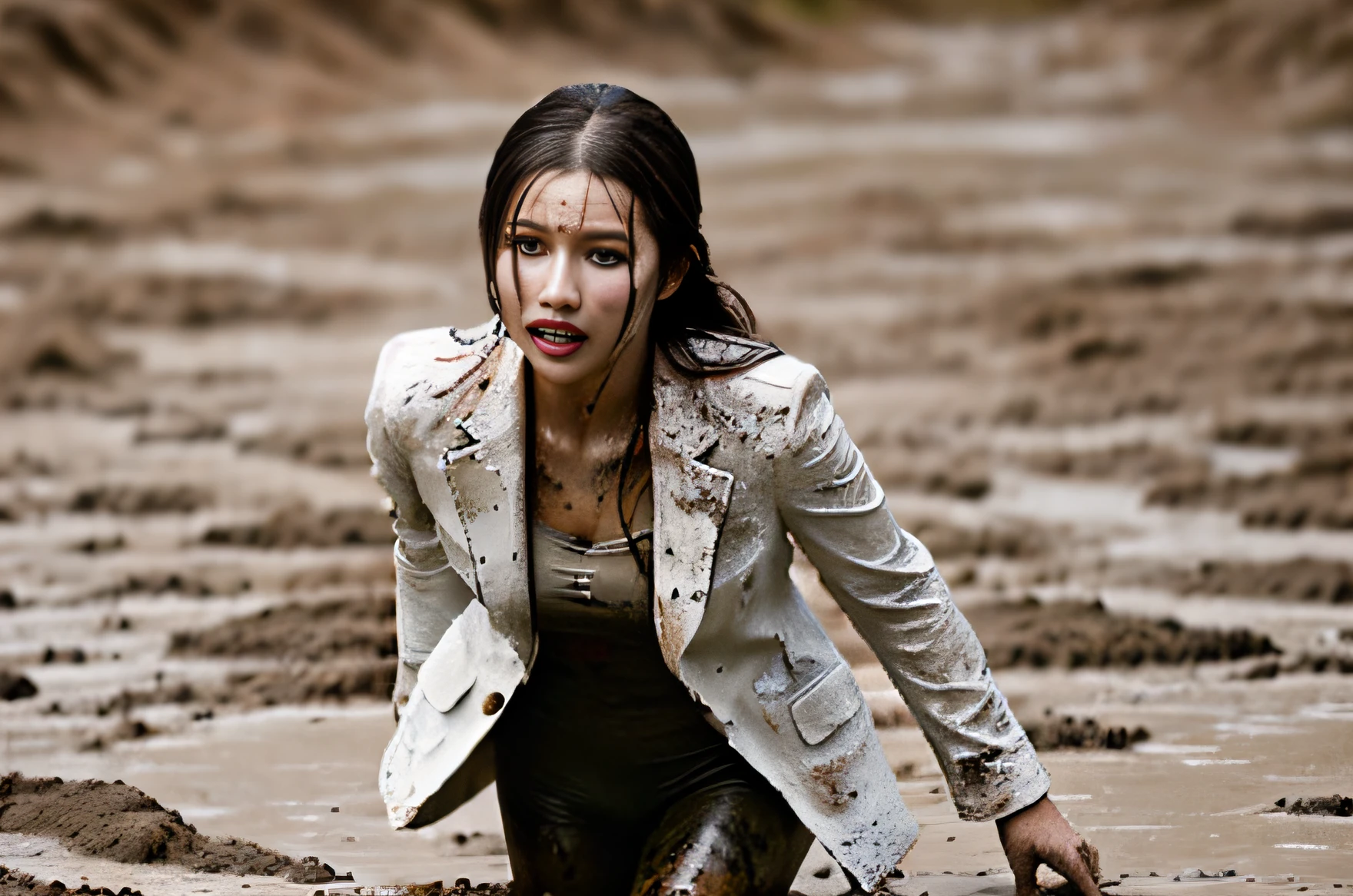Female lawyer in the mud Wet mud, Covered in mud, mud ground, Wearing a white suit,lacepantyhose， uhd candid photo of dirty, flying mud, dirty and sweaty, Dirty, Wearing sweat，Dirty, tar pit,