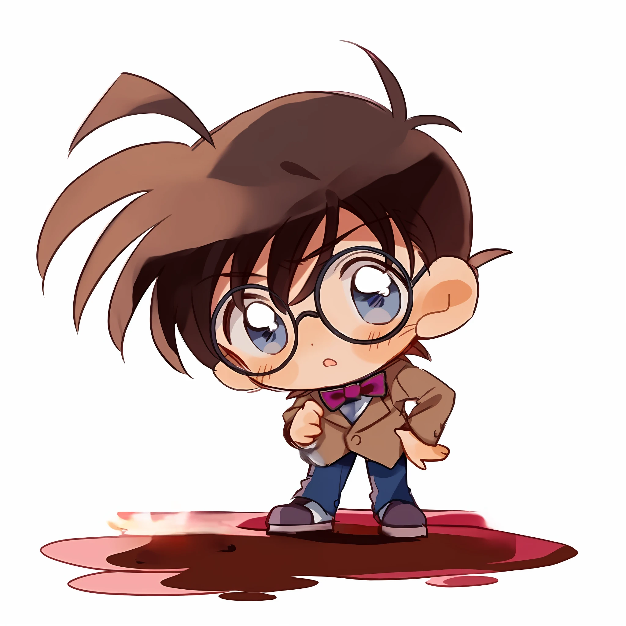 A cartoon boy wearing glasses and a coat stands in a pool of blood, shinichi sakamoto, advanced digital chibi art, inspired by Ryuzaburo Umehara, tchibi, Chibi Art, chibiStyle, inspired by Un'ichi Hiratsuka, anime chibi, chibi anime, inspired by Matsumura Goshun, inspired by Hisui Sugiura