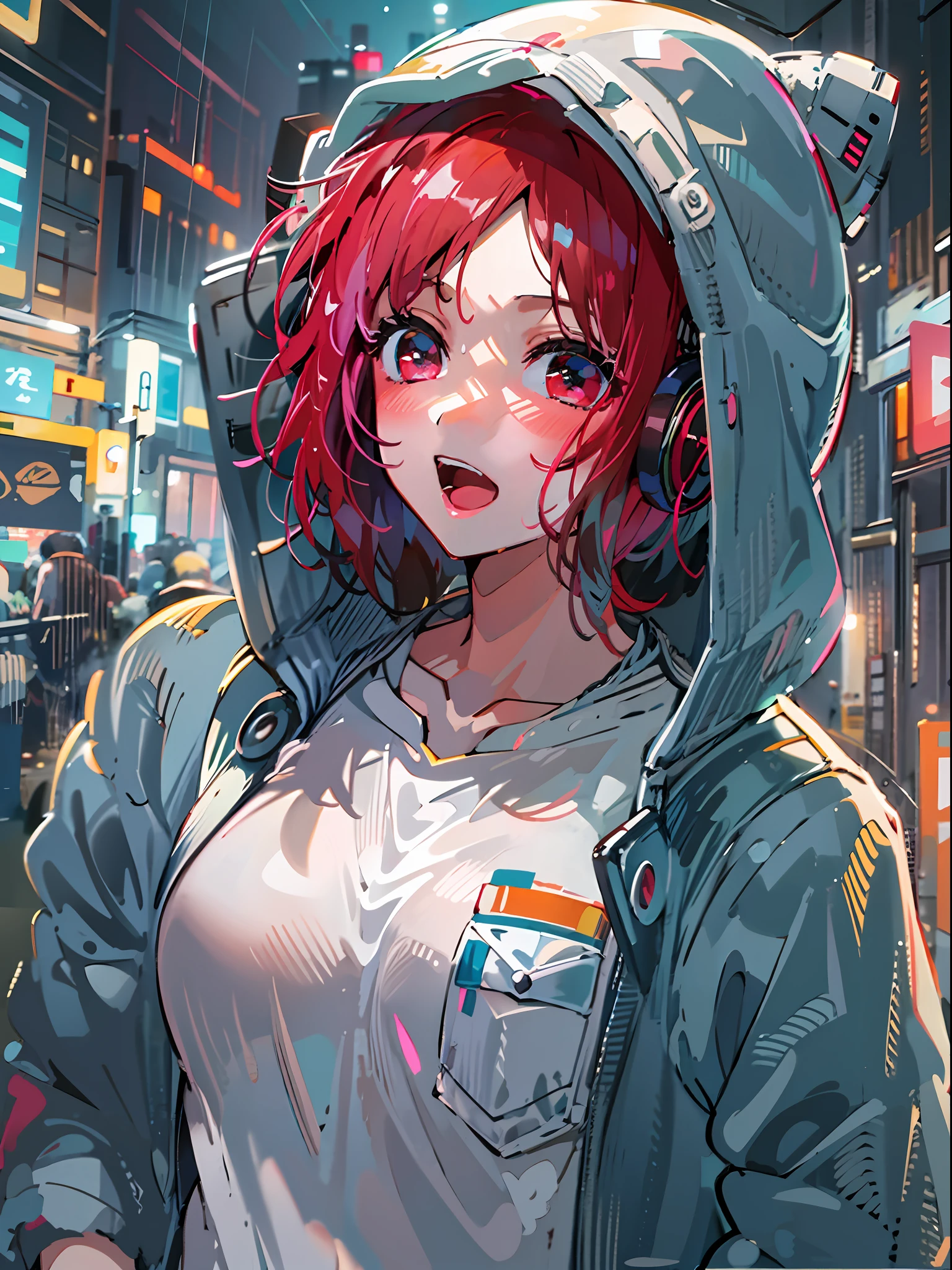 8K分辨率、((top-quality))、((masterpiece))、((ultra-detailliert))、1 woman、独奏、incredibly absurdness、Oversized hoodies、headphones、Street、plein air、Rain at night、neons、Shortcut Hair、Brightly colored eyes、Hands in pockets、shortpants、water dripping、red hairs、Bob Hair