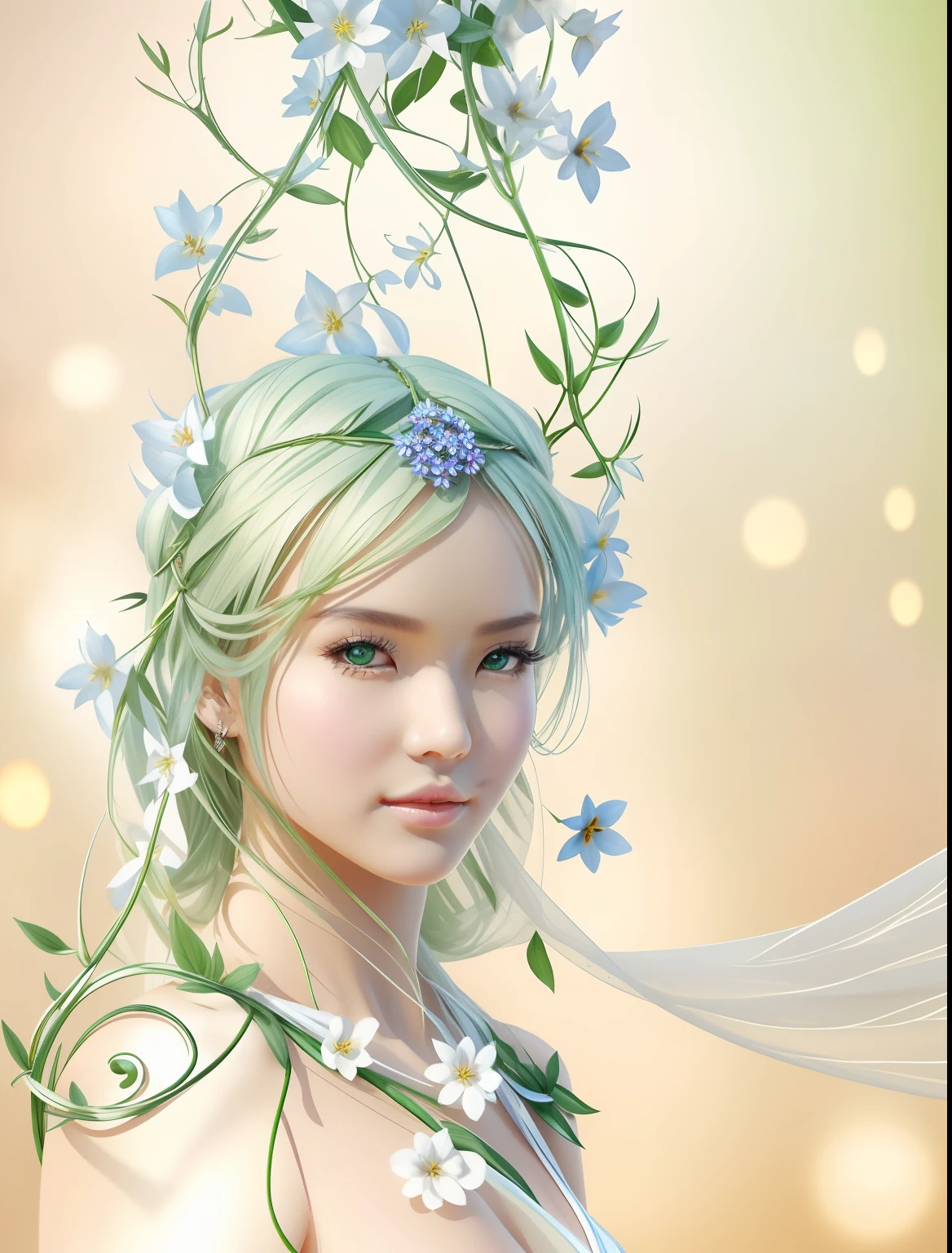 tmasterpiece，超A high resolution，a beautiful  woman，The perfect figure to fly in the sky，The facial features are delicate and beautiful，middlebreast，No clothes all over，（There are many flowers in the air），The body is wrapped around the body with gemstones and flower vines，many，Gemstones and jadeite are joined with green stems to decorate the body，（More flowers wrap around the body），Correct human posture，Correct anatomy，Magical world，Artistic effects，rich colours，The colors are natural，Extremely high imagination，Perfect artistic effect，Shadows are clear，ultra-realistic realism，Real Photographics，Ultra HD images，High quality detailing， Cinematic lighting，（（Contre-Jour））,absurderes, unbelievable Ridiculous, hugefilesize, ultra - detailed, A high resolution, The is very detailed，best qualtiy，tmasterpiece，illustratio，The is very detailed，CG，unified，8k 壁纸，Amazing Cleavage，finely detailled，tmasterpiece
