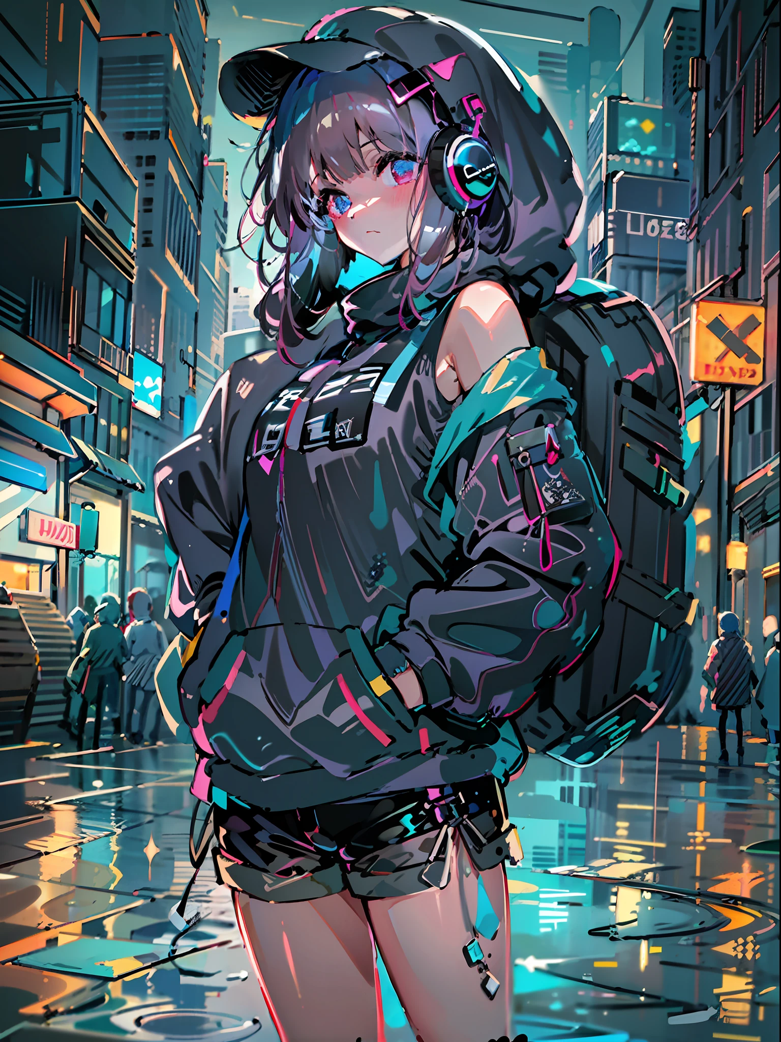 8K分辨率、((top-quality))、((masterpiece))、((ultra-detailliert))、1 woman、独奏、incredibly absurdness、Oversized hoodies、headphones、Street、plein air、Rain at night、neons、Shortcut Hair、Brightly colored eyes、Hands in pockets、shortpants、water dripping