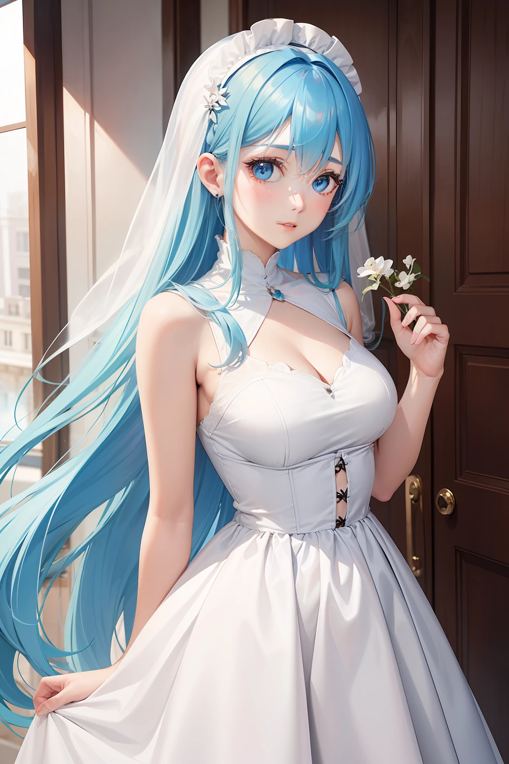 a women, blue hair, blue eyes, white dress