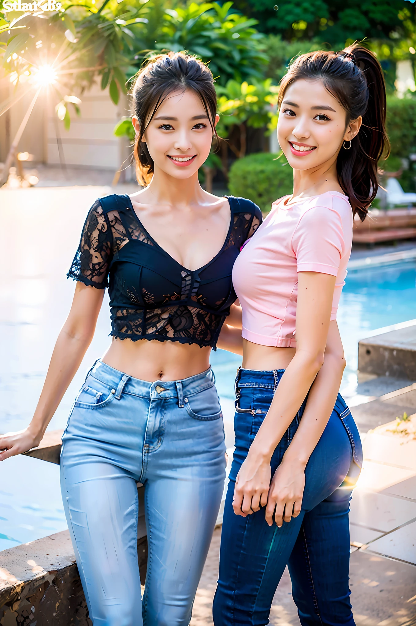 Two asian women posing for photos in bed, wearing tight simple clothes, Wet clothes: 1.5, sheer transparency: 1.5, bare breasts and 1.5, alaina and lilia, Two girls, Sexy pose, intimate seductive pose, Half , , Realistic, realistic realistic, 16K HD, Masterpiece: 1.5, Focus: 1.8, Arabian woman，Crop top with skinny long jeans and sheer short sleeves, (Background: 1.5 (luxury villa, large pool)), cute schoolgirl with slim and perfect figure, (fashion high ponytail hairstyle: 1.5), Japanese 18 year old girl wearing tight long jeans and long tight jeans (Low-rise crop top，With micro-flared shape, trousers: 1.5), (tear: 0.6), (branded jeans: 1.5, realistic detailed jeans texture and stripes: 0.8, realistic details jeans grain: 0.8), wearing stylish sheer tight short sleeves, Sheer top (brand: 1.5, Slim, realistic viewing angle: 1.5, Transparent: 1.5, bare breasts and areola: 1.5), wearing stiletto heels (delicate stiletto heels crystal band sandals, High quality: 1.2), hyper realistic schoolgirl, dressed as schoolgirl, hyper realistic schoolgirl, Realistic schoolgirl, schoolgirl pose, model poses, photograph full body ((full bodyesbian: 1.8)), Beautiful skin, Glowing skin, slim beautiful thighs, perfect thighs, perfect calves, White tender toes, Beautiful breasts: 1.5, Beautiful breasts: 1.5, Beautiful buttocks: 1.5, buttocks: 0.7, Best quality, Fair skin, Real skin, (Detal Face), Goose egg face, pores, Super high resolution, (8K, RAW photo, Realistic: 1.4), 1 girl, Slim, (Smile, teeth and tongue: 1.2, blissful: 1.2), (Gloss on lips, eyeslashes, Glossy face, Best quality, Super high resolution, Wide lighting, naturalshadow), Sexy, Full body shooting: 1.8