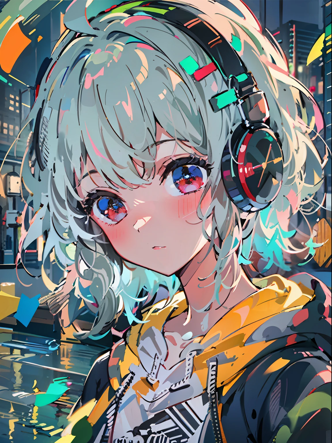 8K分辨率、((top-quality))、((masterpiece))、((ultra-detailliert))、1 woman、独奏、incredibly absurdness、Oversized hoodies、headphones、Street、plein air、Rain at night、neons、Shortcut Hair、Brightly colored eyes、Hands in pockets、shortpants、water dripping