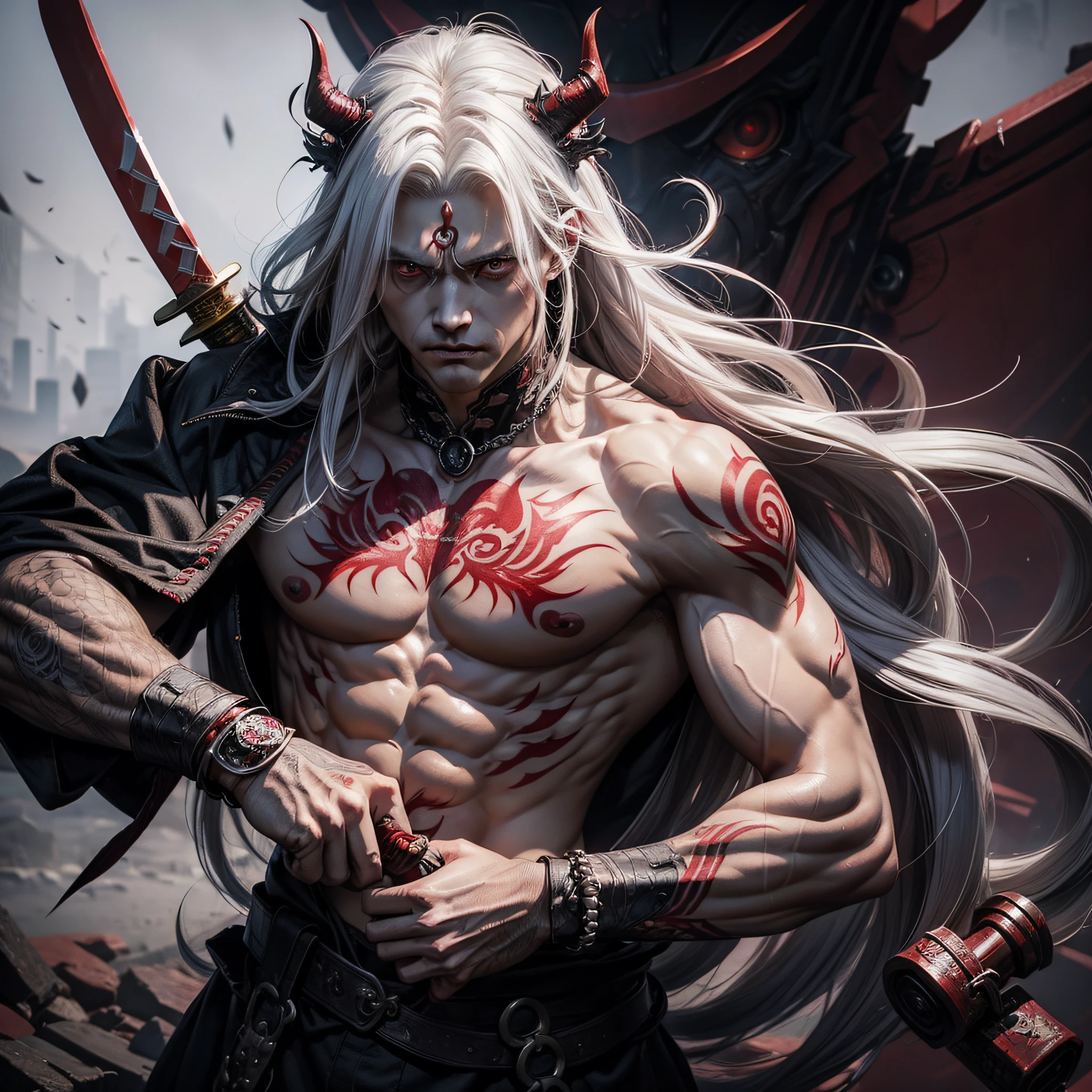 Have red eyes、Sharp eyes、long white hair disheveled,、Strong body、Devil tattoos all over the body、In his hand is a sharp Japan sword、On the chest is a wound received from the Demon King