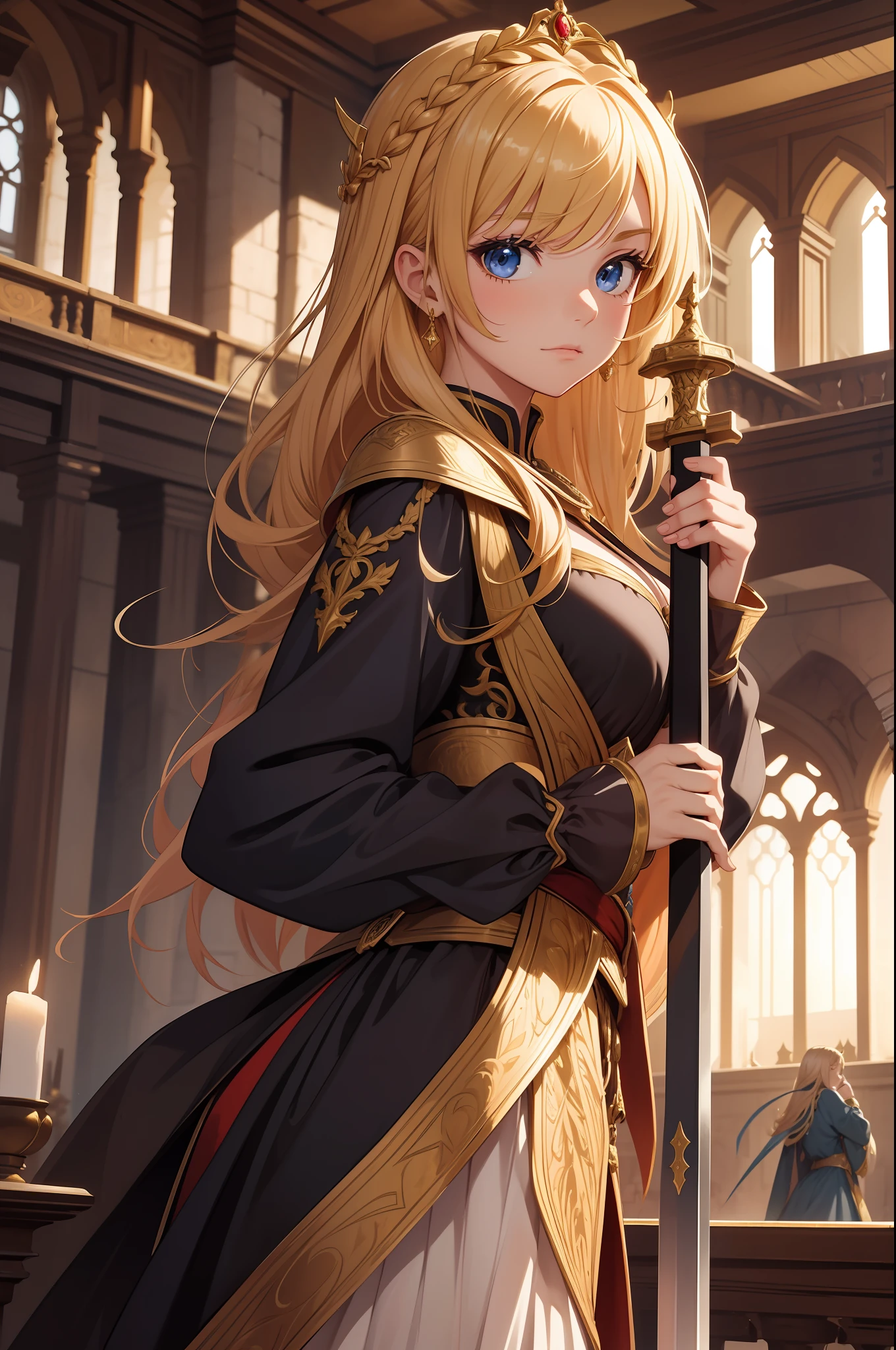 A high quality、Complex color images with high detail,Girl in European medieval aristocratic clothes,Hold up a big sword,Turn your back to the unknown devil,Golden hair,There was tension and great power all around,and there is blood on the corners of your mouth。tmasterpiece